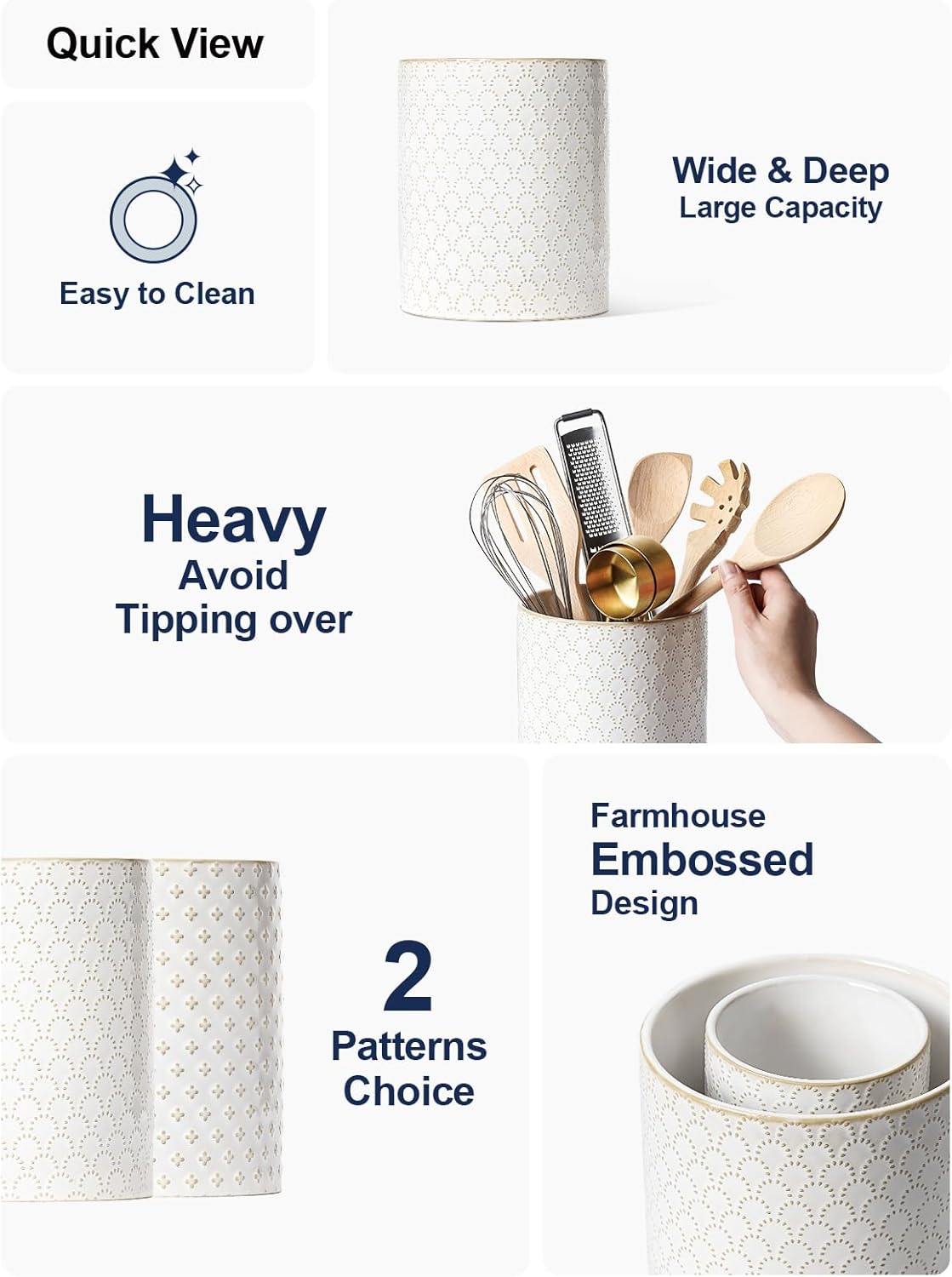 LE TAUCI Utensil Holder, 7.1" Ceramic Kitchen Utensil Holder for Counter top, Embossed Cooking Utensil Organizer for Spatula & Spoon, Kitchen Decor, Set of 1, Arctic White,Fireworks