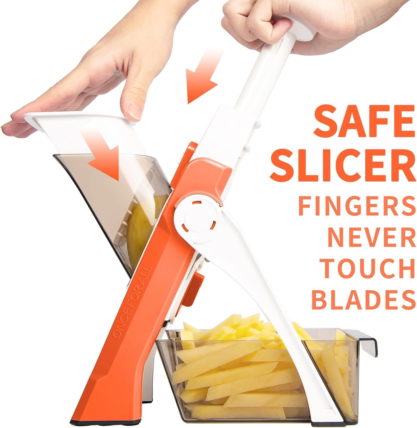 ONCE FOR ALL Safe Mandoline Slicer 5 in 1 Vegetable Cutter, Strips Julienne Dicer Adjustable Thickness 0.1-8 mm for Kitench Fast Meal Prep (Orange)