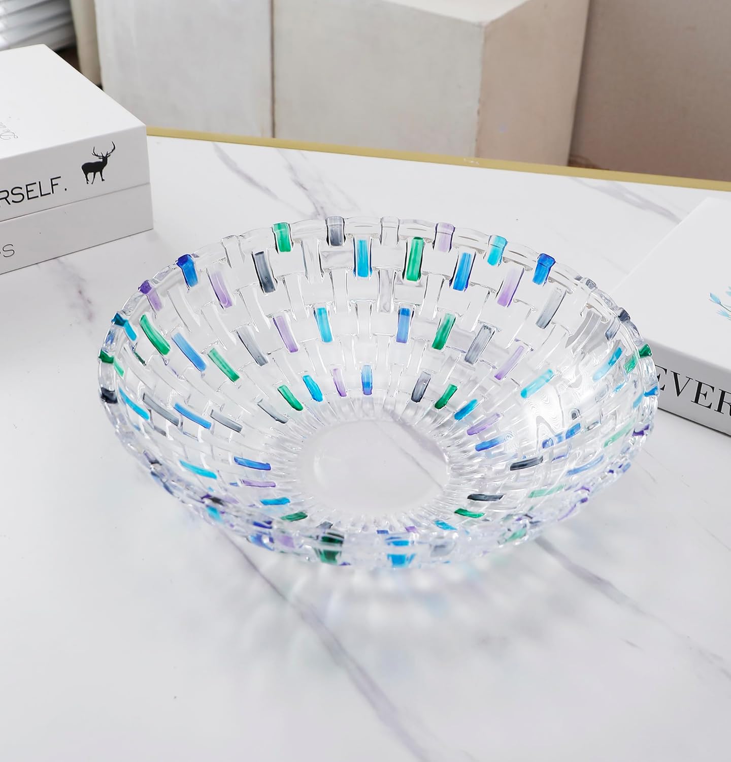 Hand Painted Blue Woven Glass Crystal Salad & Fruit Bowl Decoration,Centerpiece For Home,Office,Wedding Decor, Fruit, Snack, Dessert, Server (Blue)