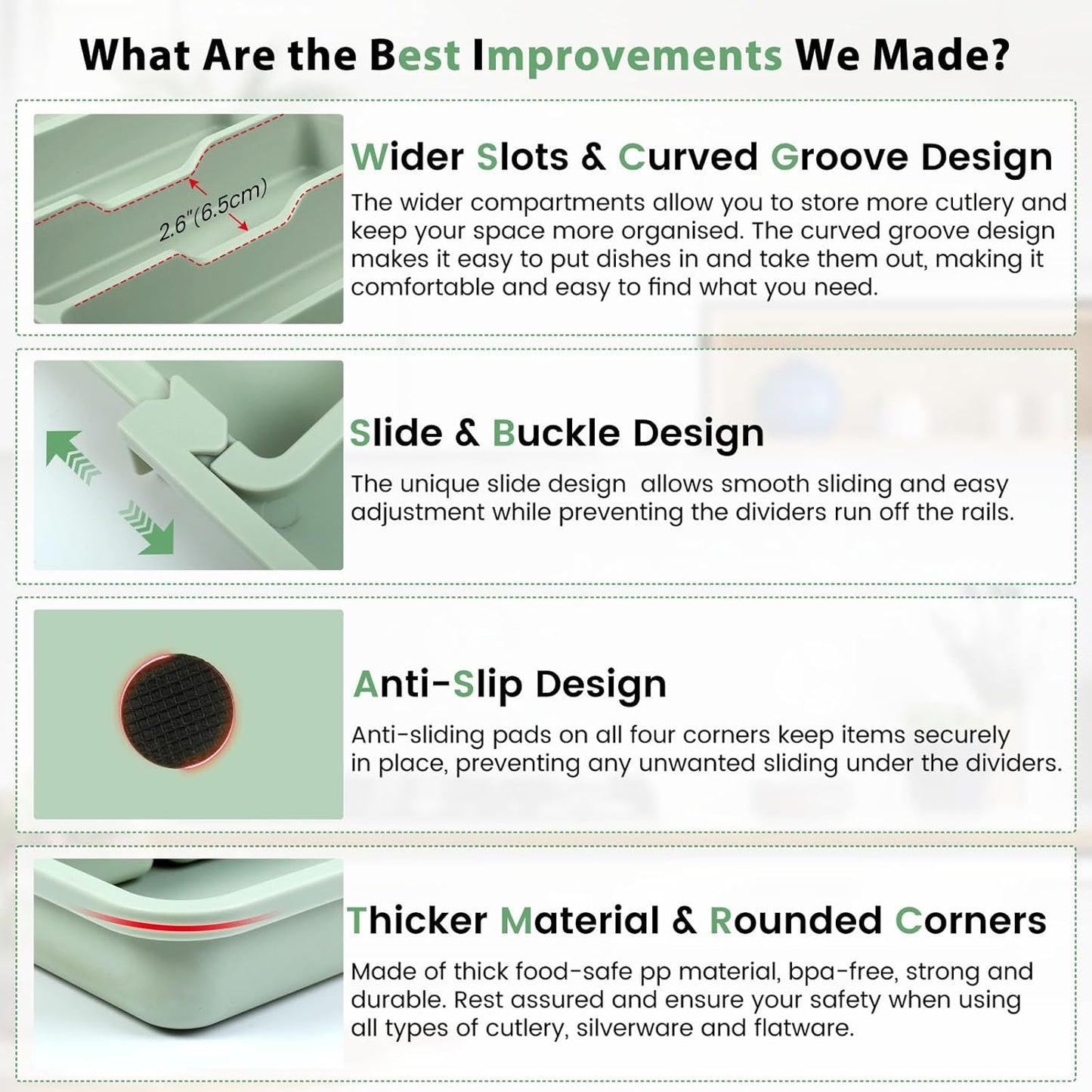 Caperci Large Silverware Organizer for Kitchen Drawer & Utensils - Expandable Drawer Organizer for Cutlery, Flatware & Gadget, BPA-Free Thick Plastic, Wider Compartments & Non-skid Feet (Sage Green)