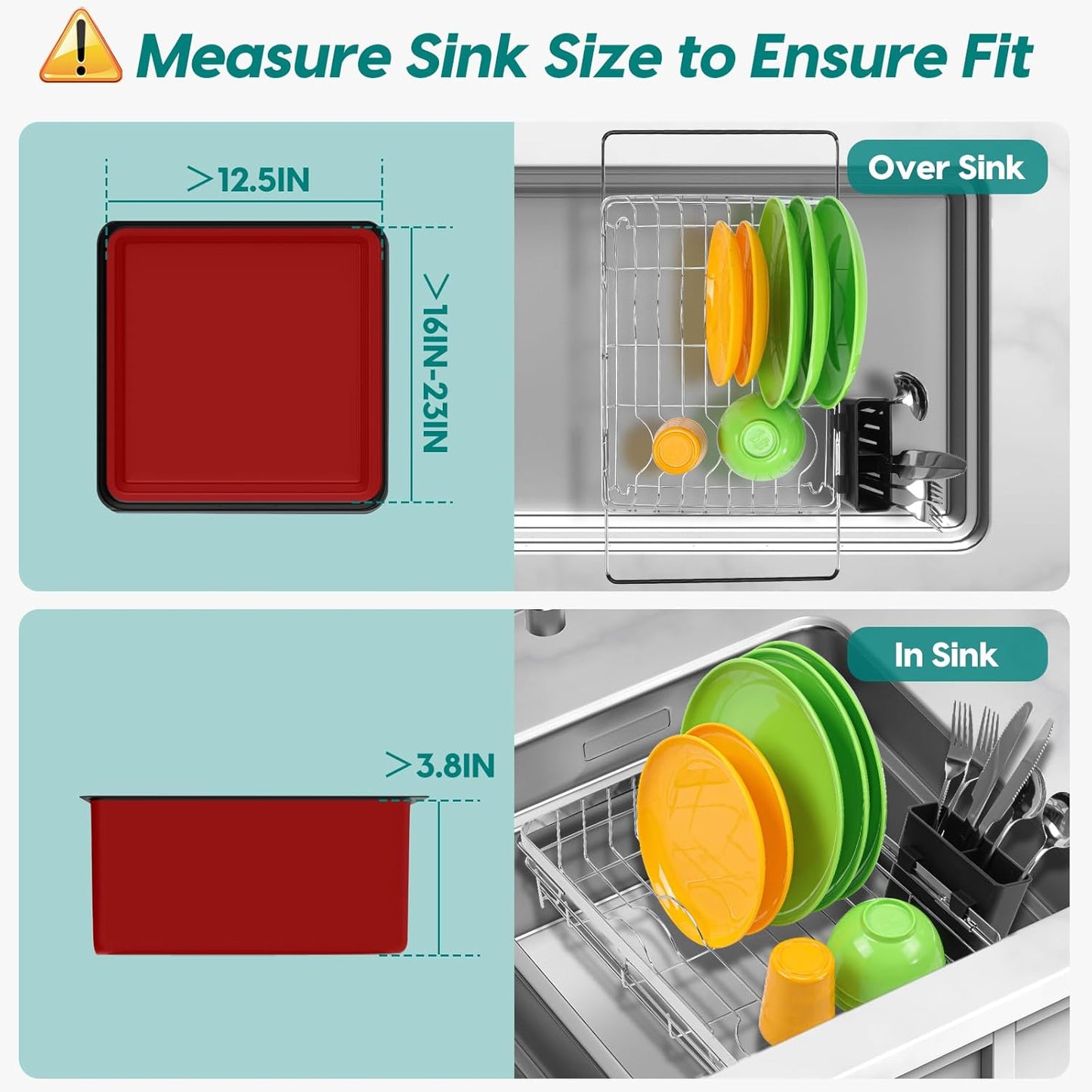 MERRYBOX Sink Dish Drying Rack, Expandable Stainless Steel Dish Drying Rack in Sink/Over The Sink with Large Cutlery Holder for Kitchen Counter(Adjustable 15.4" to 23" cm)