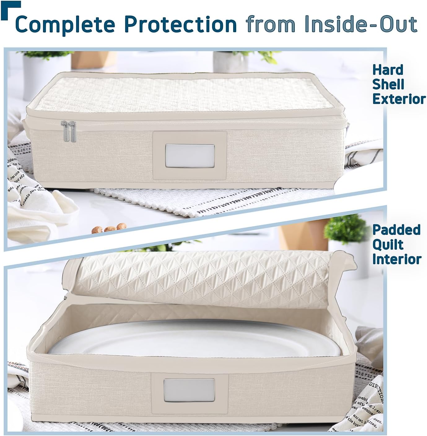 Platter Storage Case – Fine China Storage Containers Hard Shell, Quilted and Stackable 16”x 12.5”x 3.5” Platter Storage Container with Handles and Felt Dividers for Moving and Seasonal Storage, Cream