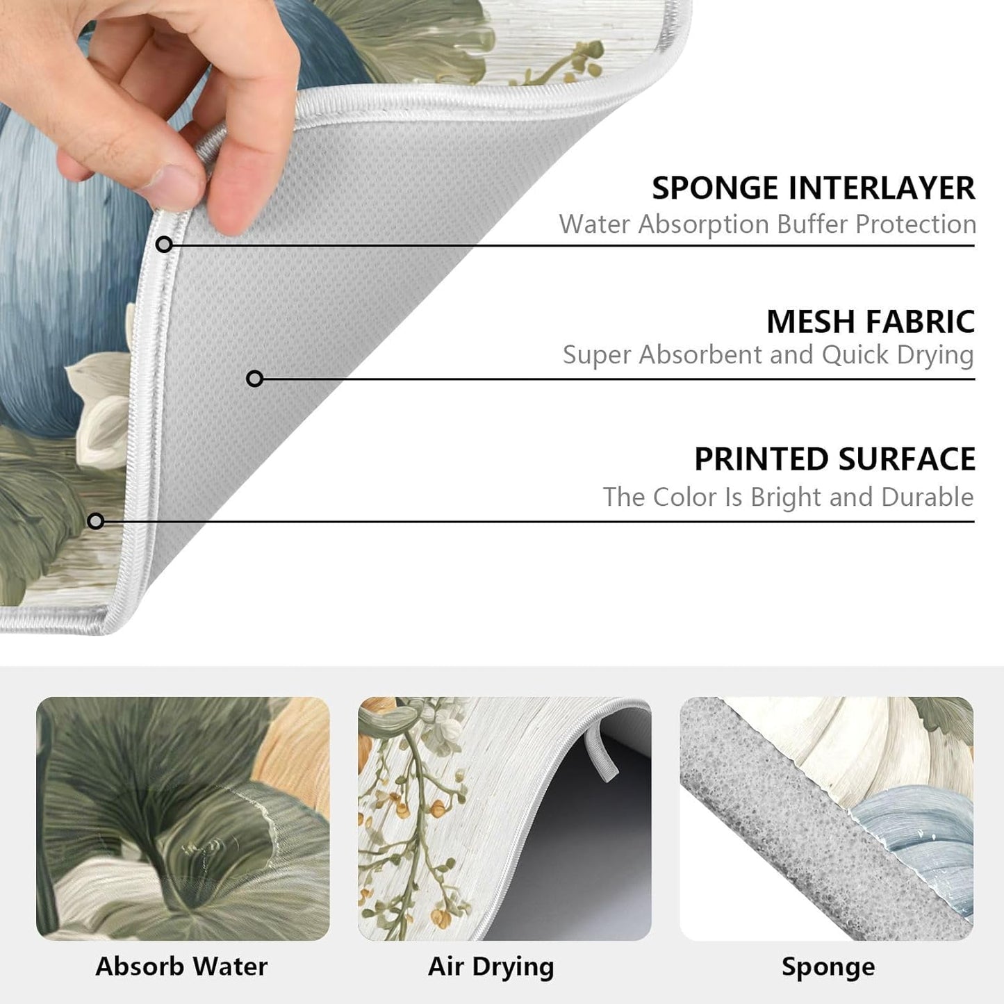 Fall Blue Orange Grey Pumpkin Thanksgiving Dish Drying Mat for Kitchen Counter Absorbent Microfiber Large Drying Pad Dish mats for Kitchen Countertops 18 x 24 Inch