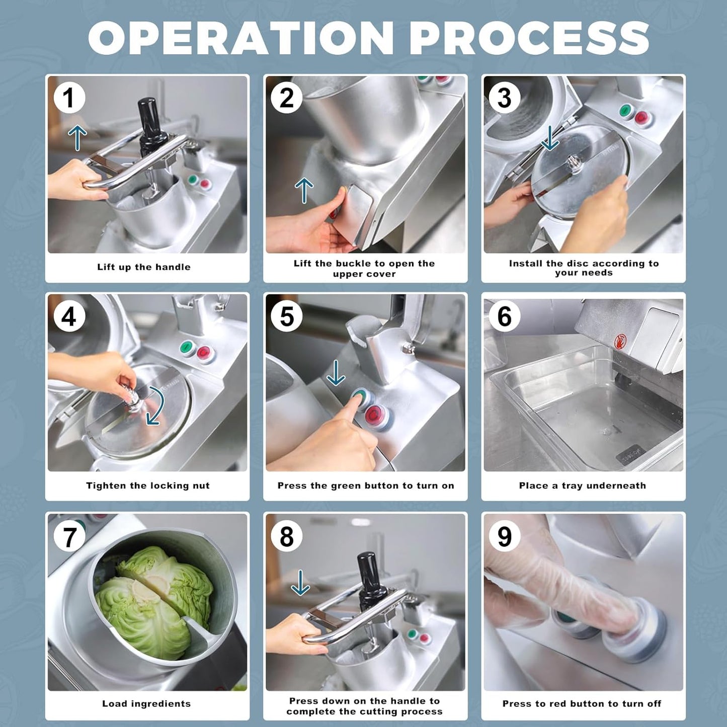Tartle 750W 1 HP Commercial Vegetable Cutter and Food Processor, Round Hopper - 110V Multifunction Automatic Cutter - Vegetable Slicer Cheese Grater Potato Dicer, 3.17 Quart with Disc Blades