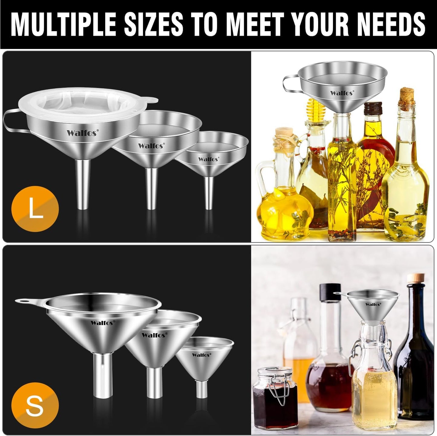 Stainless Steel Funnel, Walfos 6 Different Sizes of Kitchen funnels with 2 Removable Strainer ＆ 1Pcs Cleaning Brush, 200 Mesh Food Filter Strainer,for Transferring of Liquid, Oils, Jam, Powder