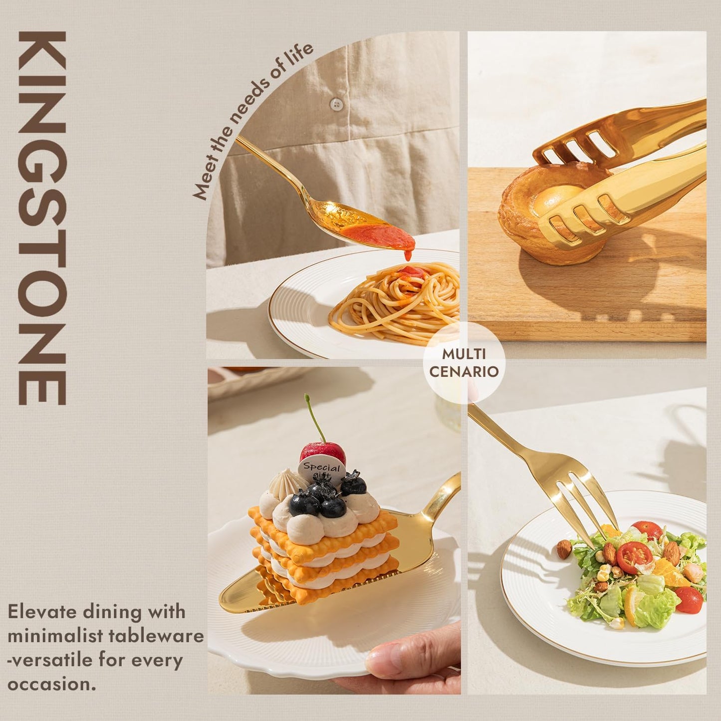 KINGSTONE Large Hostess Serving Utensils Set,18/10 Stainless Steel Heavy Duty 10inch Serving Spoons,Slotted Spoons,Serving Fork,Serving Tongs, Cake Pie Server For Buffet, Wedding, Party, Gold
