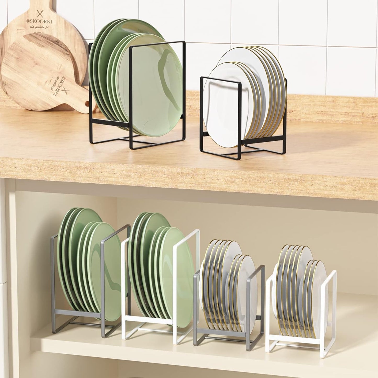 2 Large 2 Small Plate Organizers Holders Upright Cabinet Dish Drying Racks Metal Plate Dish Organizers Racks Stands for Countertop and Cupboard Black
