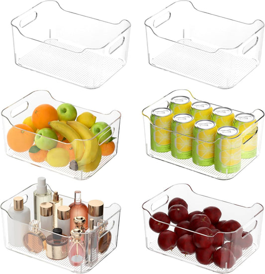 Clear Plastic Storage Bins-Pantry Organizers & Storage Containers-Refrigerator Organizer Bins with Handle - Home Organization Must Haves for Kitchen(Clear 6 Pack-Large)