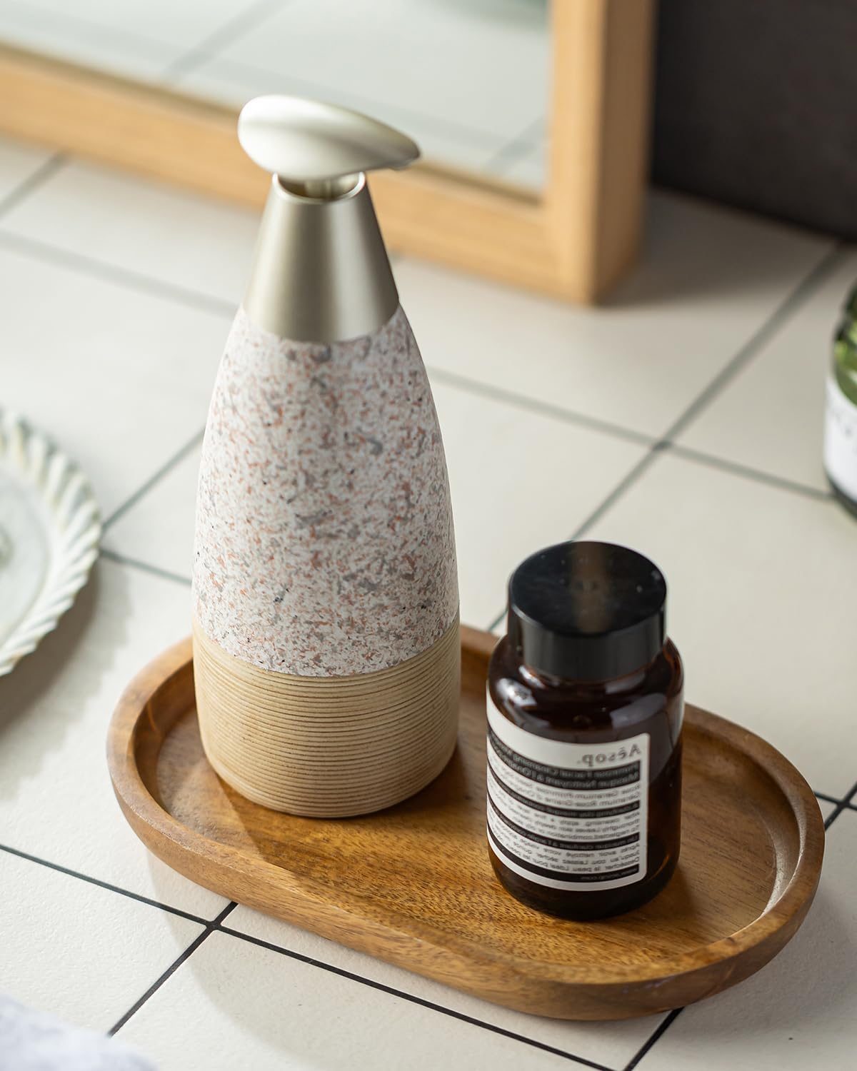 Soap Dispenser Set for Shower, Ceramic Refillable Soap Bottle for Shampoo, Conditioner, Bathroom & Kitchen, Includes Silicone Funnel, Plastic and Stainless Steel Pump, Granite Peach Blossom, 12 oz