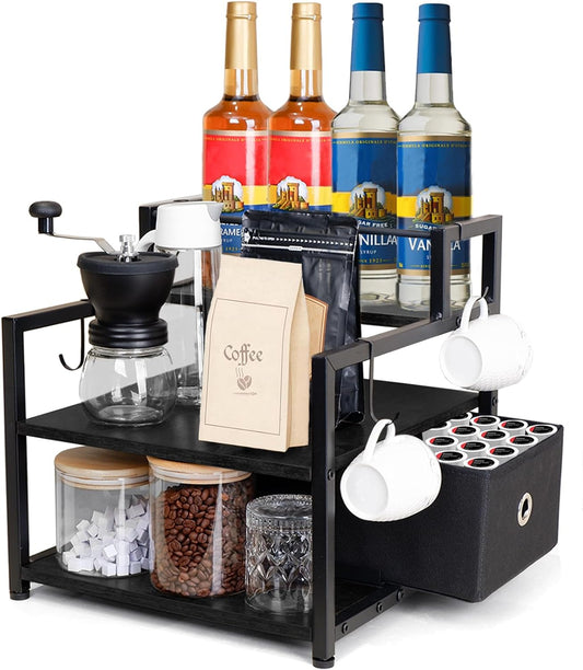 3-Tier Coffee Syrup Organizer (12 Bottles Capacity), Stepped Design Syrup Rack with Fabric Drawer, Liquor Bottle Display Shelf, Bottle Holder for Liquor, Coffee, Spice, Syrup