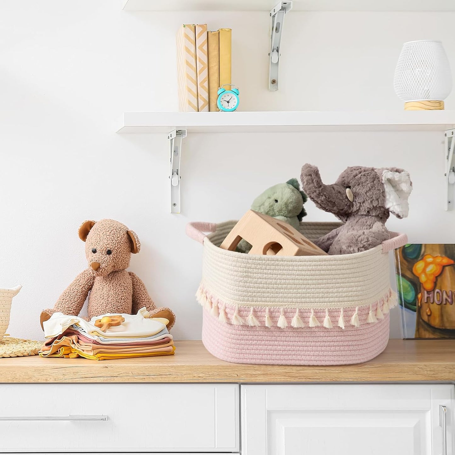 TeoKJ Storage Baskets 3 Packs, Storage Basket for toys,Towel, Storage Bins, Woven Basket for Shelves Bedroom Laundry Nursery, White & Pink