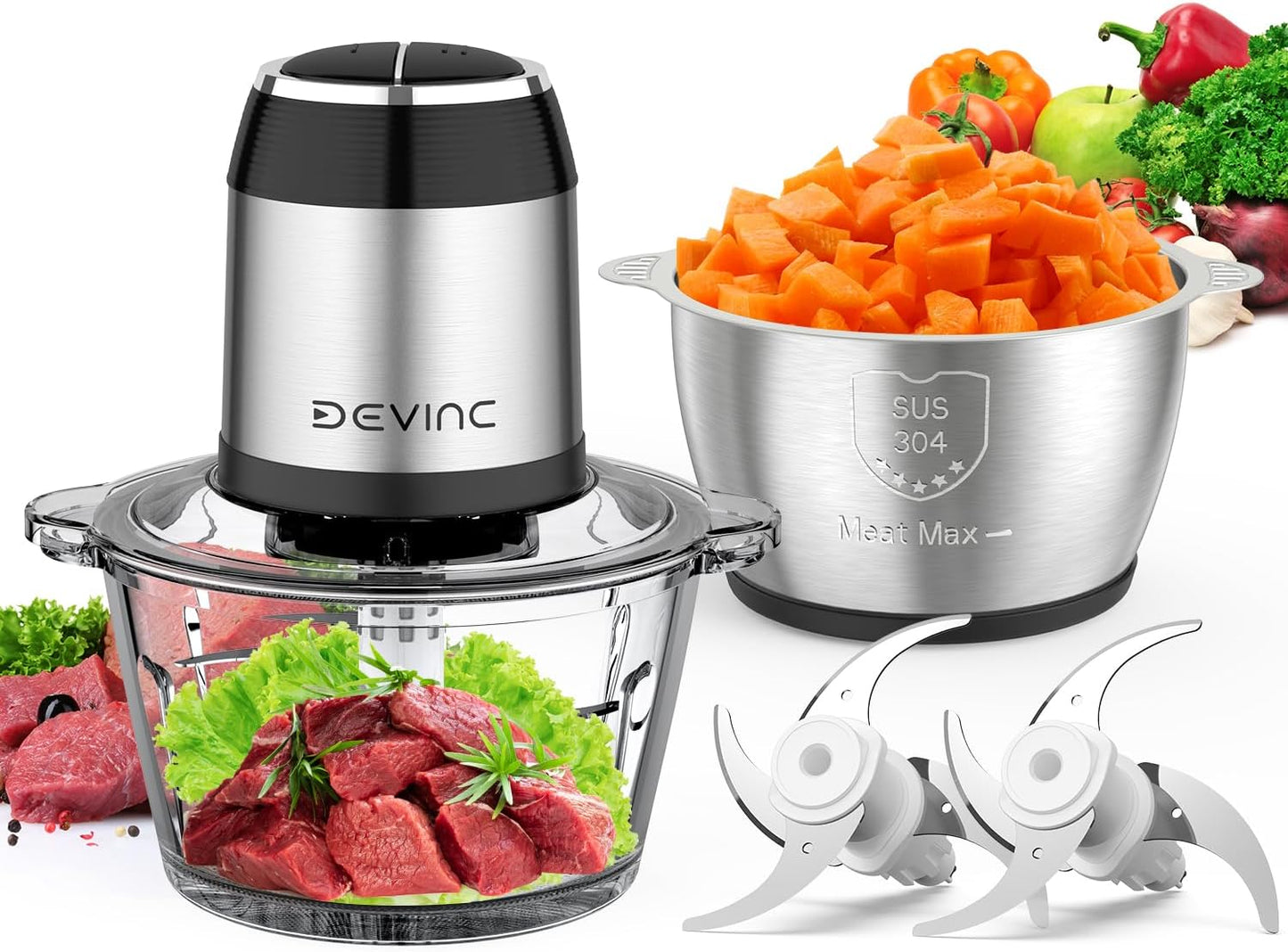 Food Processors, Mini Meat Grinder & Veggie Chopper with 2 Bowls (8 Cup+8 Cup), Electric Food Chopper with 2 Sets of Bi-Level Blades for Meat, Vegetables, Fruits and Nuts