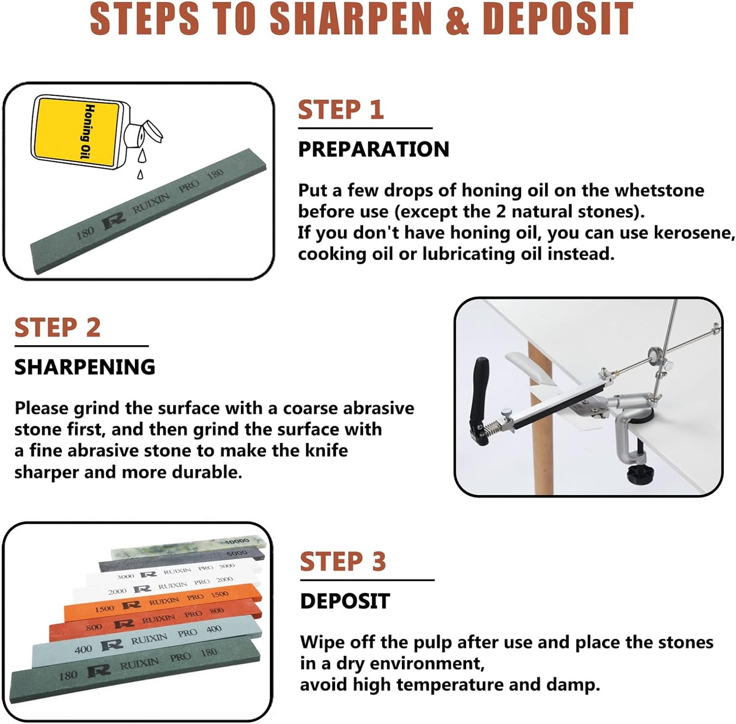 RUIXIN PRO 8 Pcs Knife Sharpening Stones for RUIXIN PRO RX-008 RX-009 Knife Sharpener Fixed-Angle Kit, Professional Whetstone Set Without Base: 180/400/800/1500/2000/3000/5000/10000 Grit