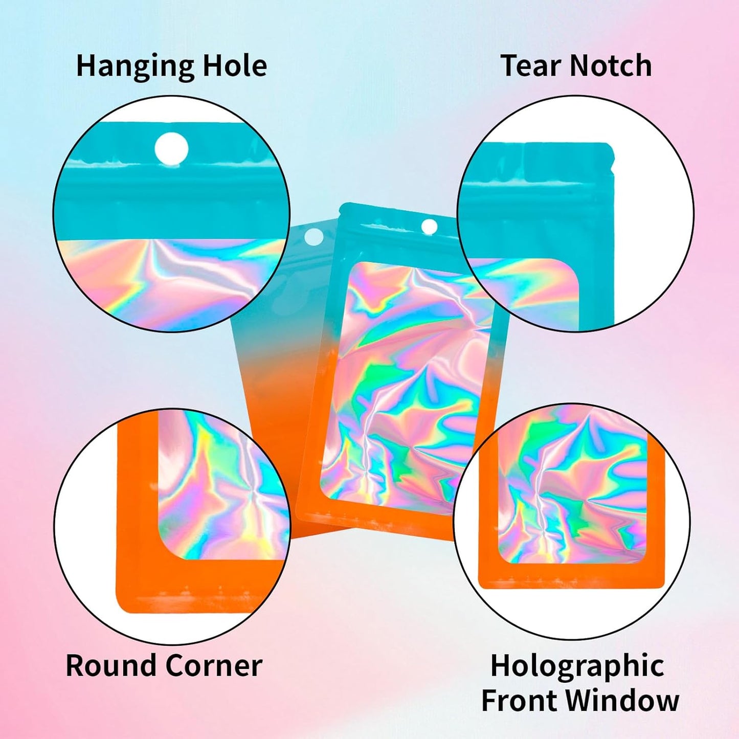 200 Pack Resealable Mylar Holographic Bags Food Storage Smell Proof Bags with Front Window Foil Packaging Pouch for Candy Sample Jewelry Small Business 4.13×5.91 Inch, Blue Fade Orange