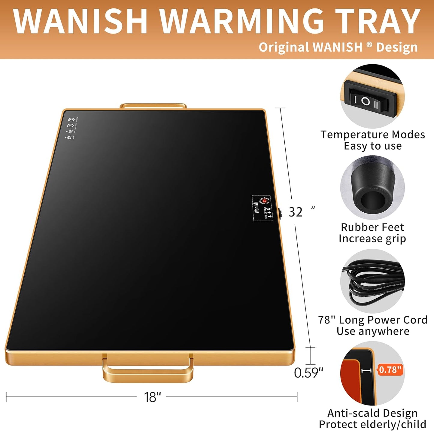 Electric Warming Tray (XXL 32”x18”)，Food Warmers for Parties Buffet with Thermostat & Full Surface Heating, Tempered Glass Warming Mat for Food, Temperature Adjustable Gold Handles Food Warming Mat