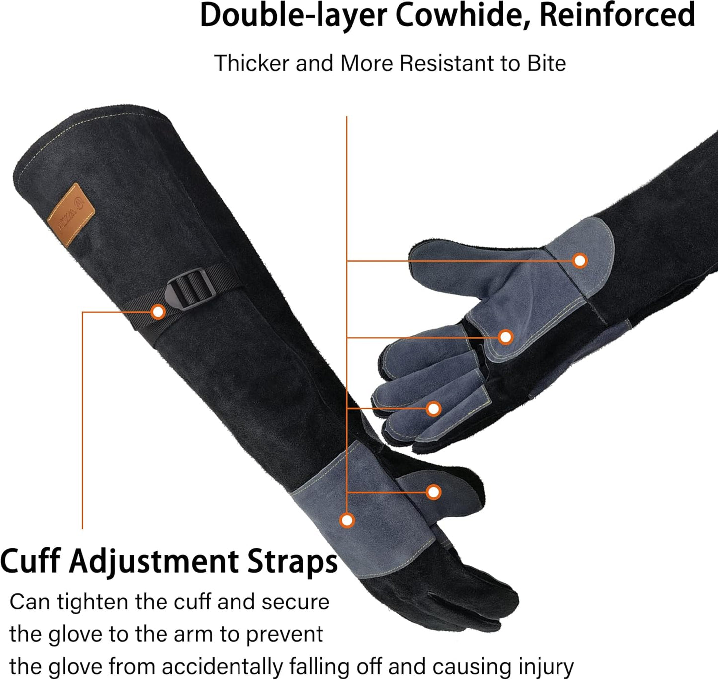 23.6 In Leather Welding Gloves for Animal Handling,Grabbing Reptile, Grooming,Trips to Vet,BBQ,Fireplace.Puncture & Scratch Resistant, Bite Proof for Cat Dog Bird Falcon Livestock Snake L Black