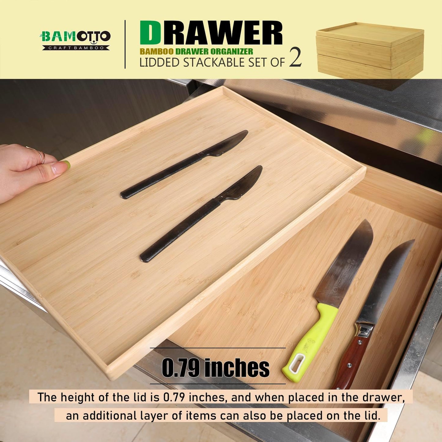 Stackable Bamboo Drawer Organizer Set – 2 Boxes with 1 Lid | Wood-Laminated Trays for Kitchen Utensils, Silverware & Flatware – Fits Cabinets, Pantry, Bathroom & Office | 14.6"x10.2" (2-Pack)