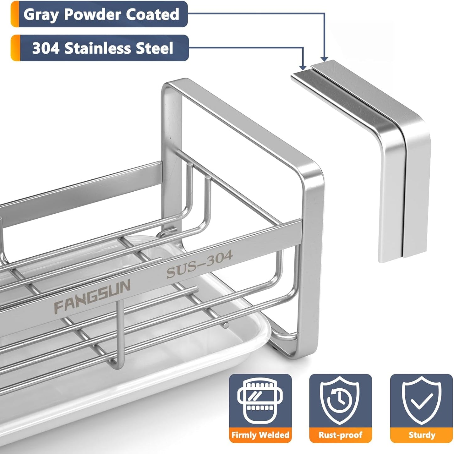 FANGSUN Large Sponge Holder for Kitchen Sink, 304 Stainless Steel Sink Caddy Organizer with Removable Drip Tray, Kitchen Countertop Dish Soap Holder, Not Include Soap Dispenser, Grey