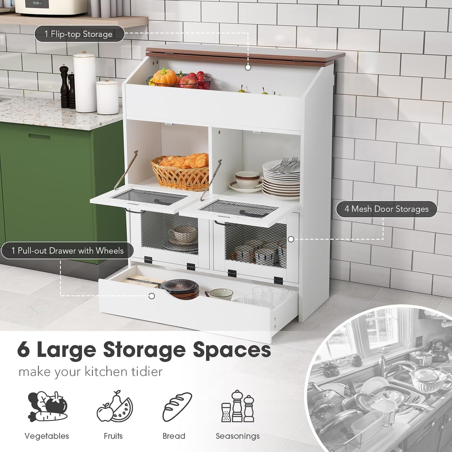 Patiorama Wood Potato and Onion Storage Bin Box, Large Vegetable Storage Box w/Lid,Wooden Bread Storage Bin w/4 Mesh Doors,Movable Bottom Drawer, Farmhouse Potato Storage Bins for Kitchen Pantry White