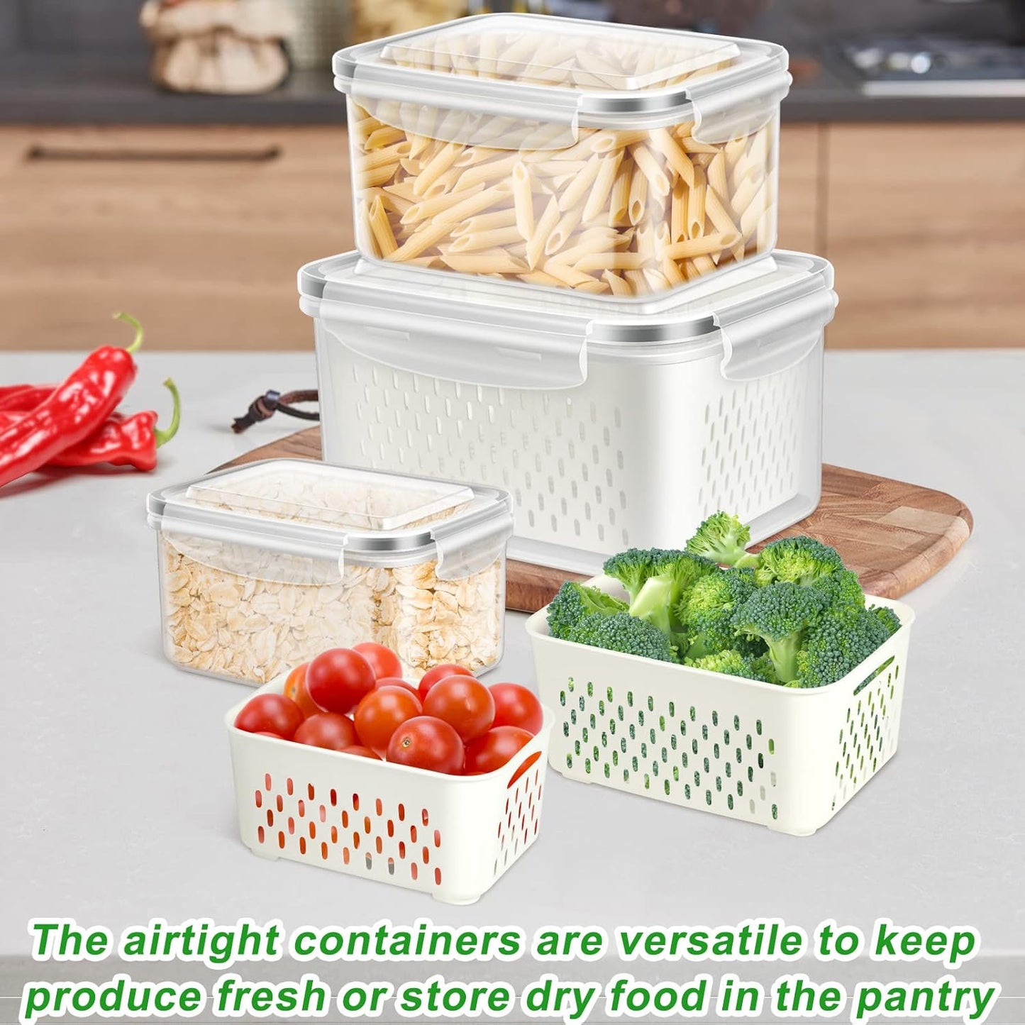 3 Pack Fruit Storage Containers for Fridge, Produce Saver Vegetable Container with Drain Colanders - Refrigerator Organizer for Lettuce Berry Keepers