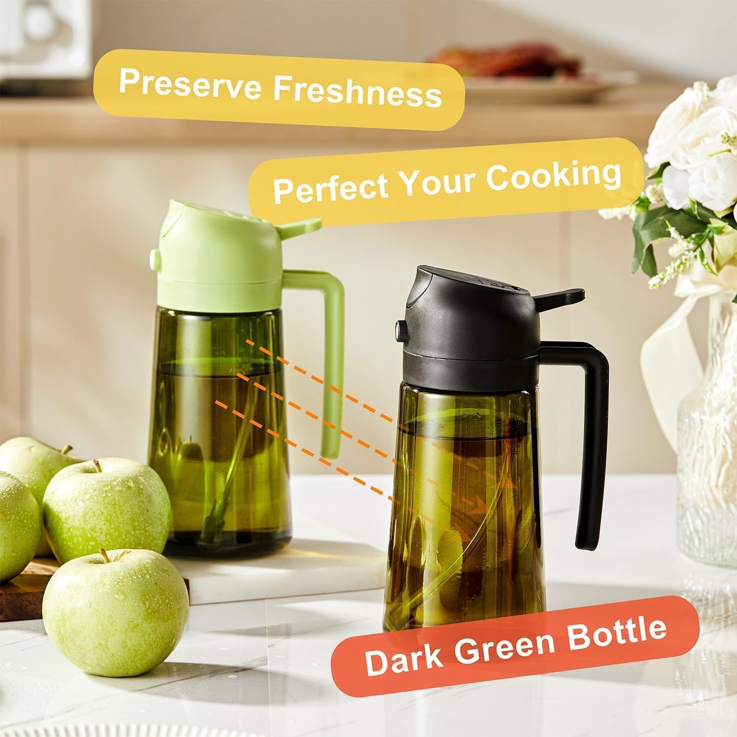 CXINYI - 16oz/470ml Olive Oil Dispenser for Kitchen with Stickers - 2 in 1 Olive Oil Sprayer for Cooking, Air Fryer, and Salad, Black&Purple (Light-Proof Kitchen Gadget)