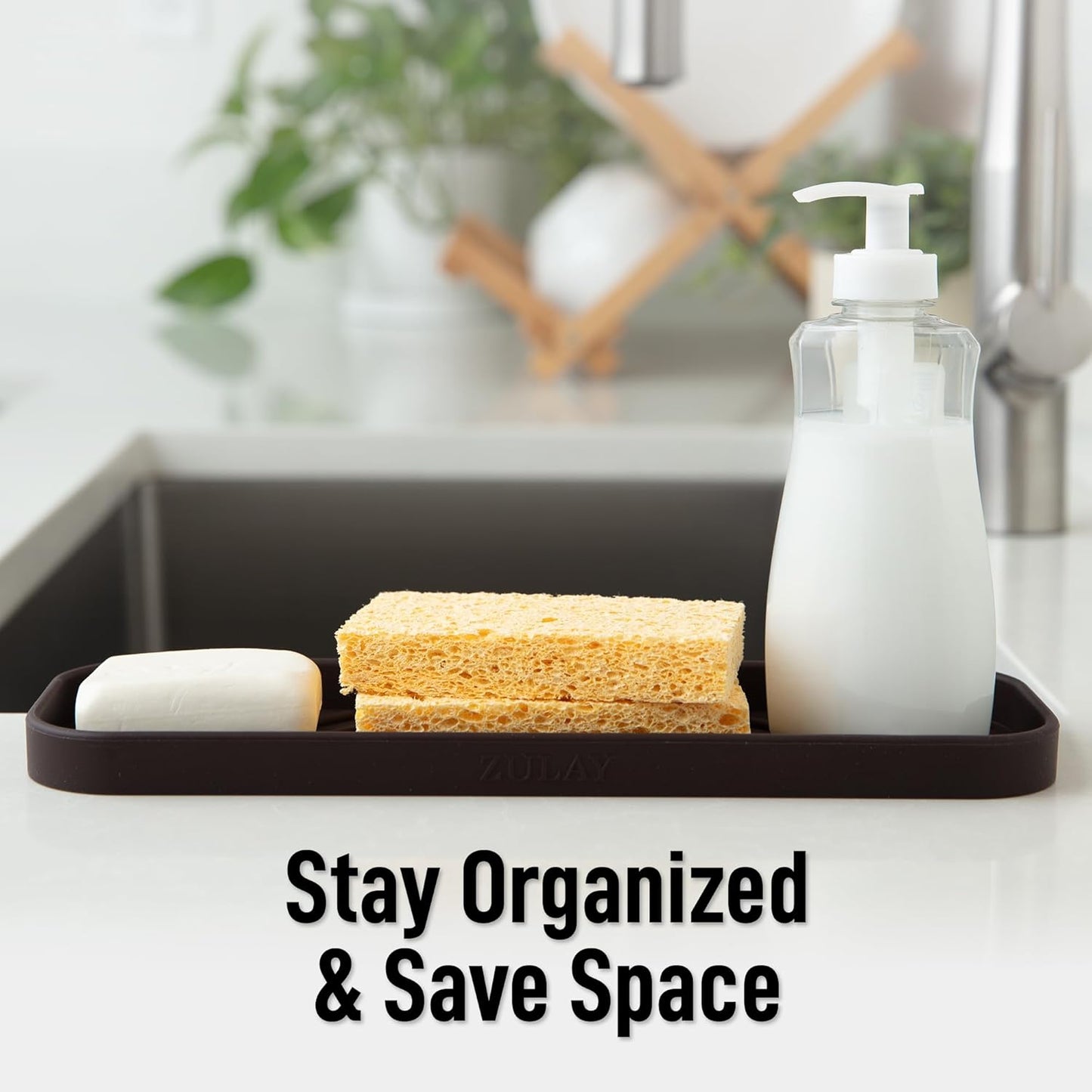 Zulay Kitchen Large Silicone Sponge Holder (12x4) – Flexible Sink Organizer Tray for Kitchen & Bathroom – Multipurpose Soap Dish for Sponges, Makeup, Trinkets & More (Chocolate)
