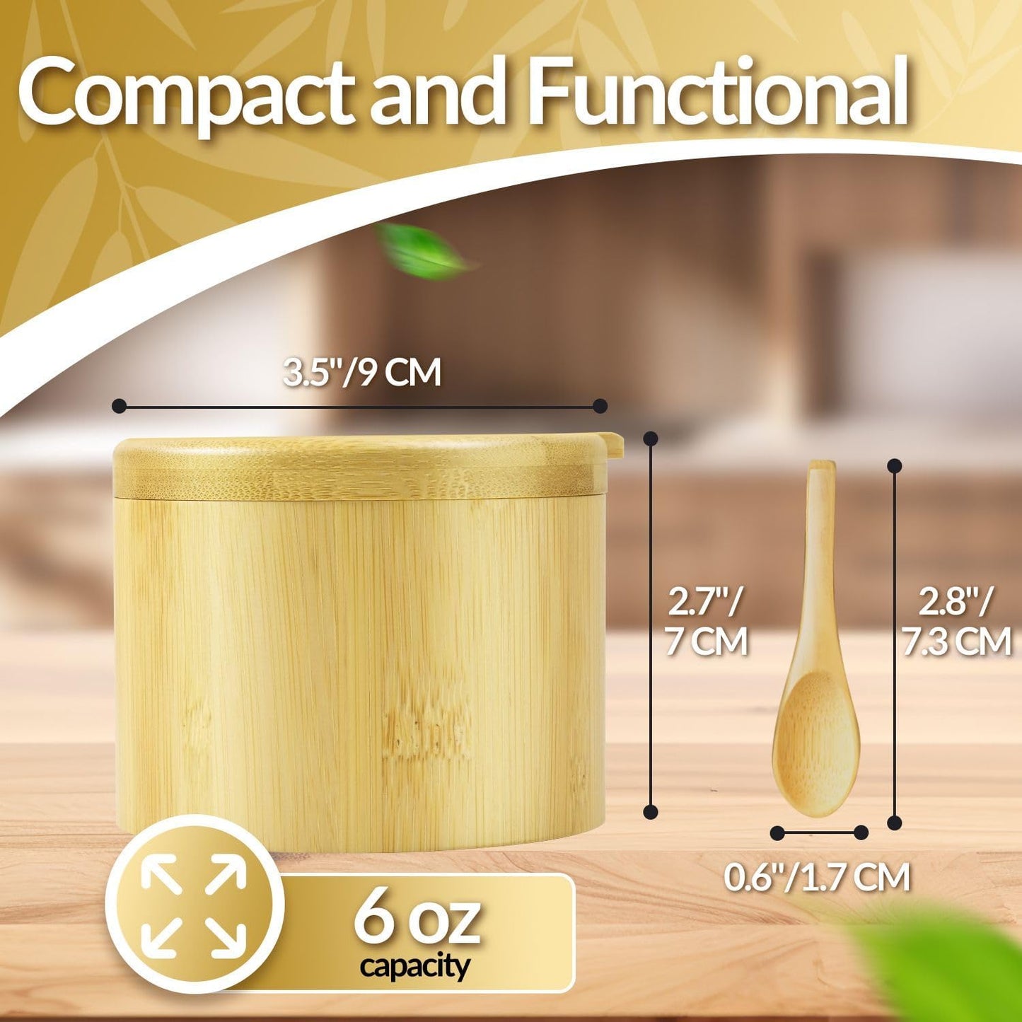 Flexzion Bamboo Salt Cellar with Lid and Spoon - Salt and Pepper Containers for Paprika, Herbs, Spice, Sugar - Bamboo Pepper Jar Storage Box Holder w/Magnetic Swivel Lid for Kitchen, 6 oz (Set of 2)