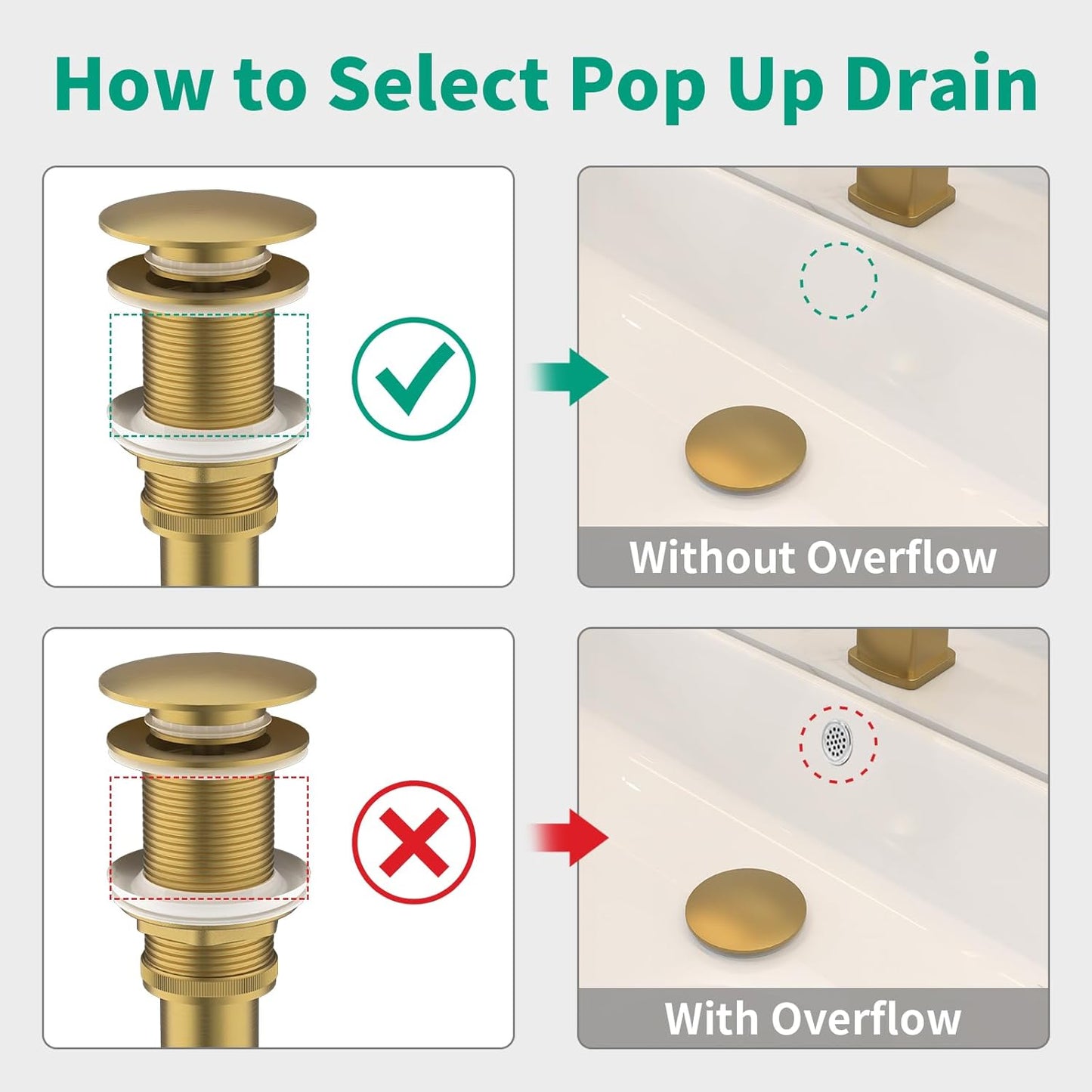 Bathroom Pop up Drain Without Overflow, Anti-Clogging Vessel Sink Drain Strainer, Pop Up Drain with Detachable Basket, Hair Catcher Bathroom Sink Drain Stopper(Brushed Gold, No Overflow)