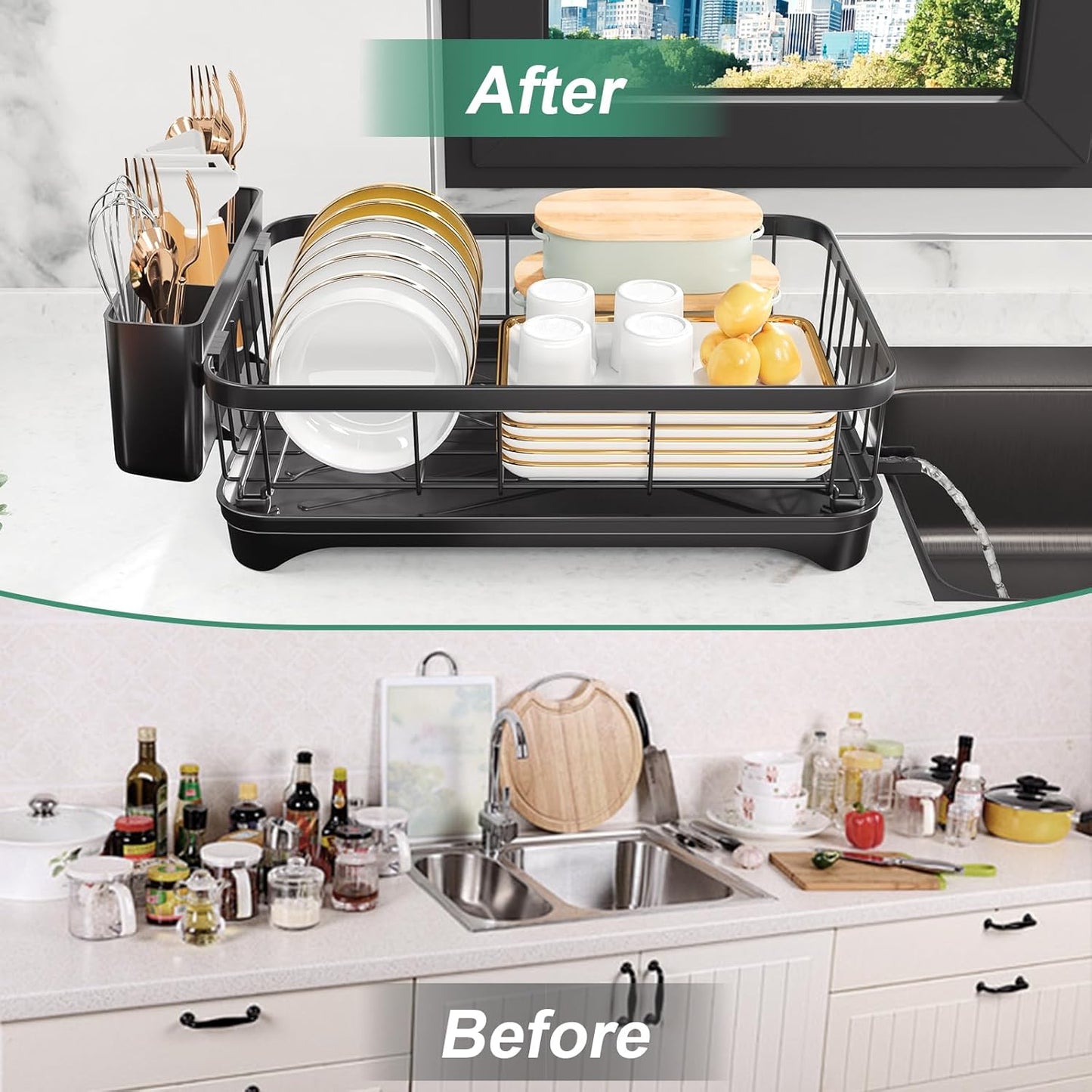 Dish Drying Rack for Kitchen Counter – Large Capacity Single Tier Dish Drainer with Utensil Holder & Cutlery Tray, Space Saving Countertop Organizer, Black