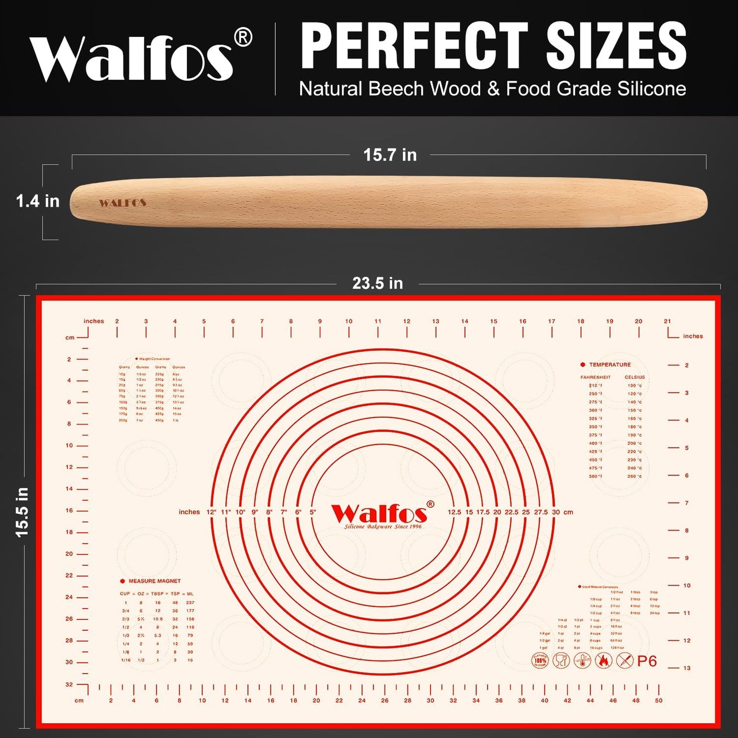 WALFOS French Rolling Pin and Silicone Baking Mat Set, Non-Stick Beech Wood Rolling Pin 15.7 Inch and Pastry Mat for Best Pie Crust, Cookie, Pasta and Pizza Dough