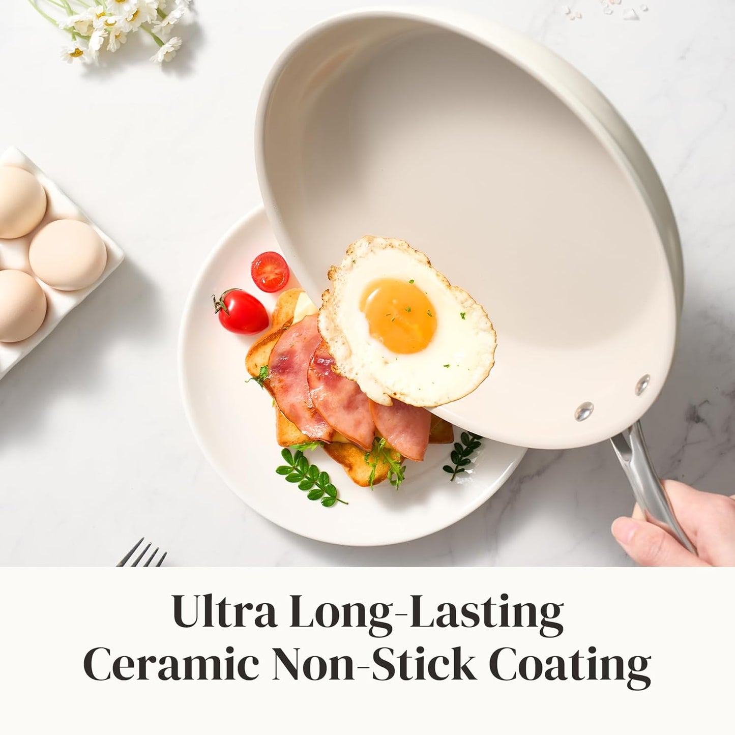 Redchef Nonstick Cookware Sets, Frying Pan Set with Tempered Glass Lids, Ceramic Cookware Set, Stay-Cool Handles, Dishwasher & Oven Safe, Compatible with All Cooktops, Beige (8+9.5+11 Inch)