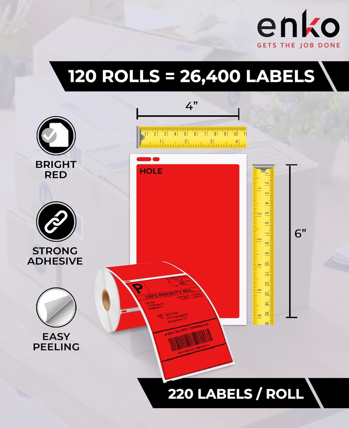 enKo Compatible Red Zebra 4x6 Label/Dymo Labels 1744907 (4 x 6) for Dymo Labelwriter 4XL Shipping Zebra Direct Thermal Printer (6 Rolls, 1320 Labels)