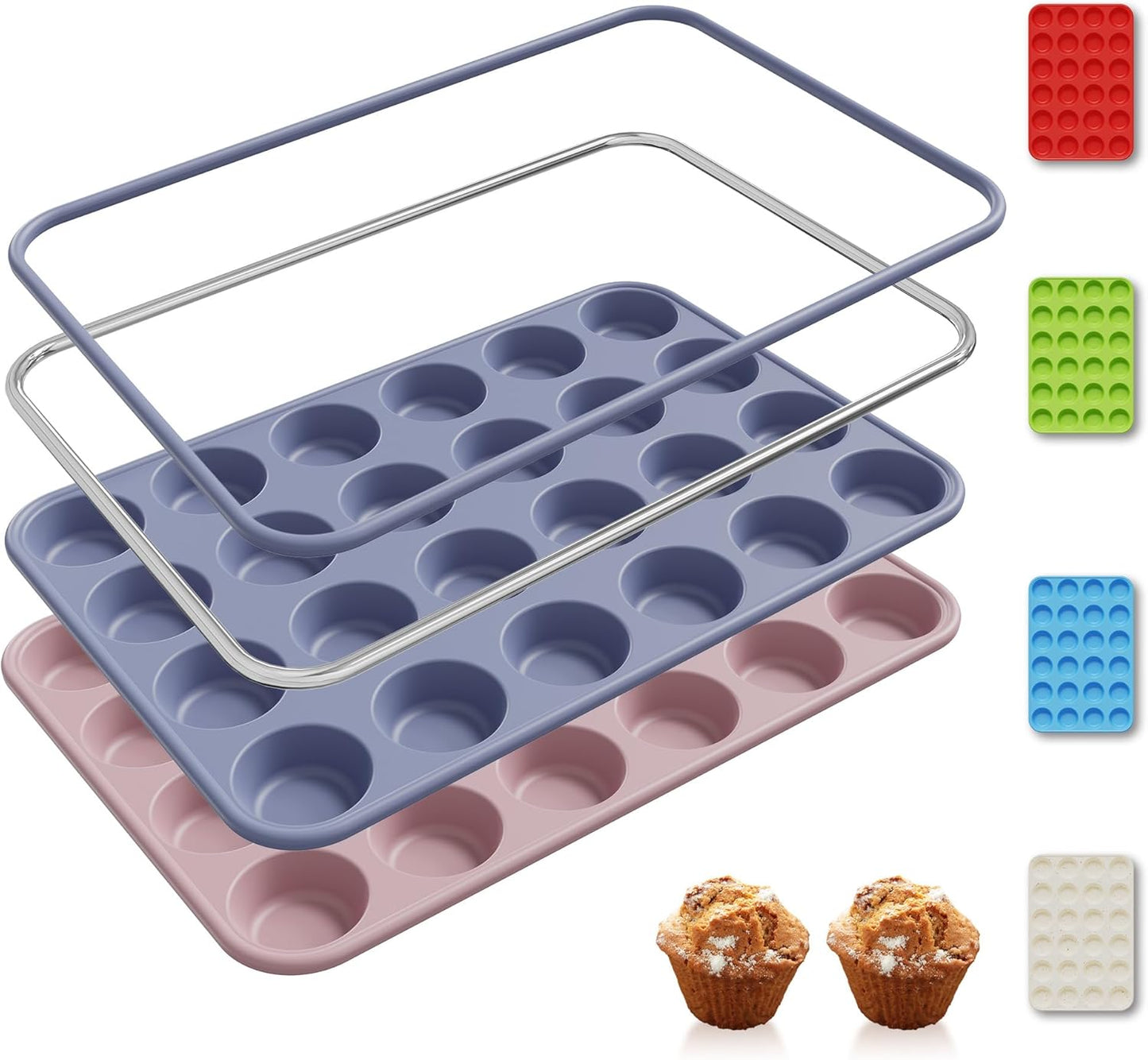 2 Pack 24 Cups Silicone Mini Muffin Pan with Metal Reinforced Frame Silicone Molds Cupcake Pans Tray Egg Bites Circle Cookie Molds Muffin Tin Tart Pans Baking Sheet Set for Breakfast Sandwiches
