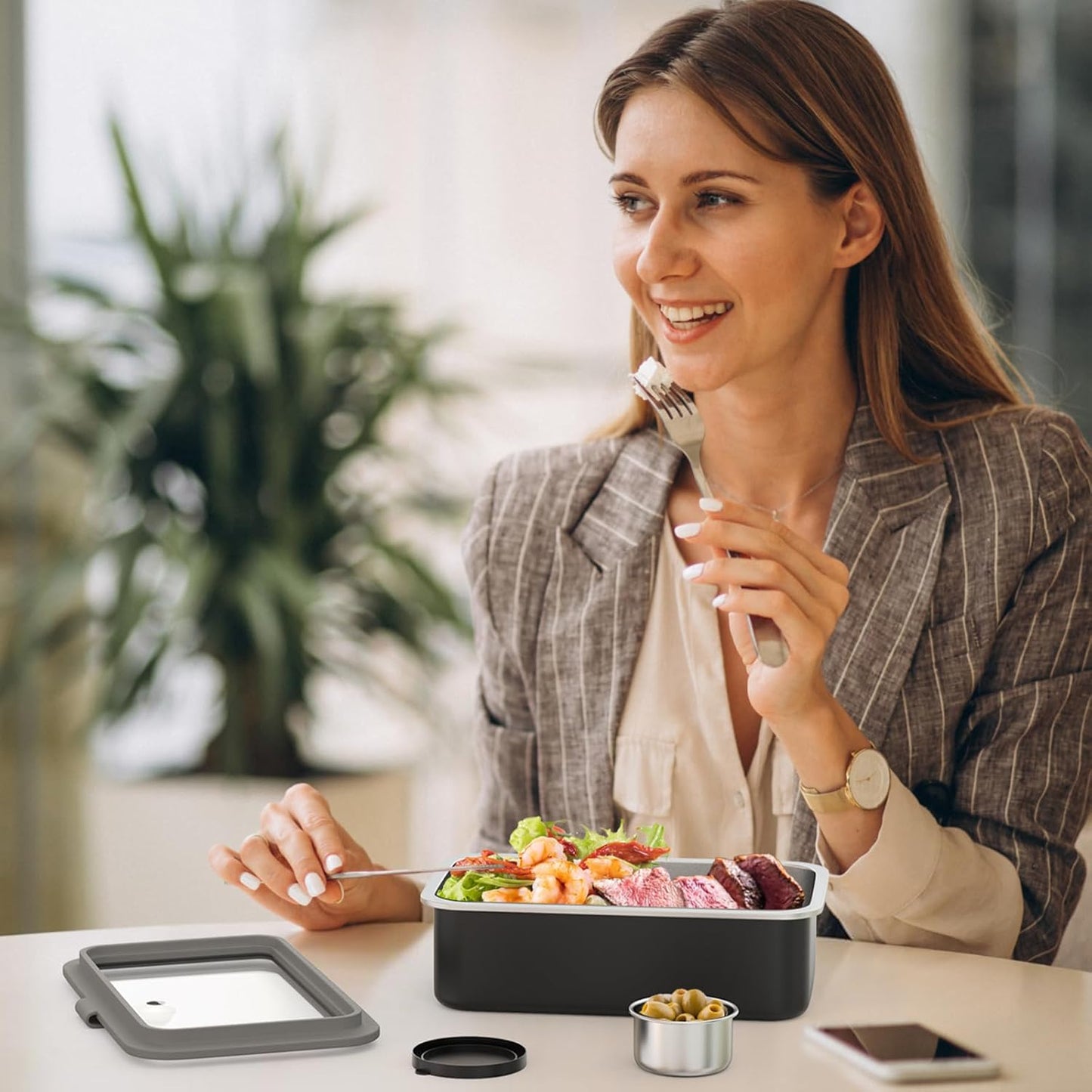 Stainless Steel Bento Box for Adult, 42oz Leak-Proof Lunch Box Containers with Adjustable Divider, Microwave-Safe, Metal Lunchbox with Glass Lid for Work Travel, Black