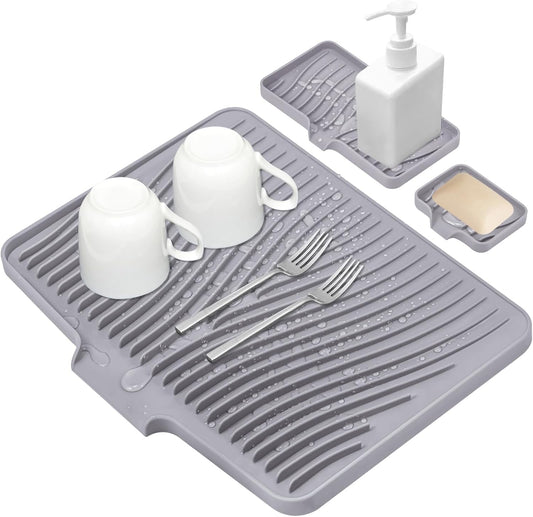 Silicone Dish Drying Mat for Kitchen Counter, Dish Drying Pad, Non-Slip Drain Pad with Built-in Drain, Heat Resistant Stone Drying Mat, 1 set XL(Grey)