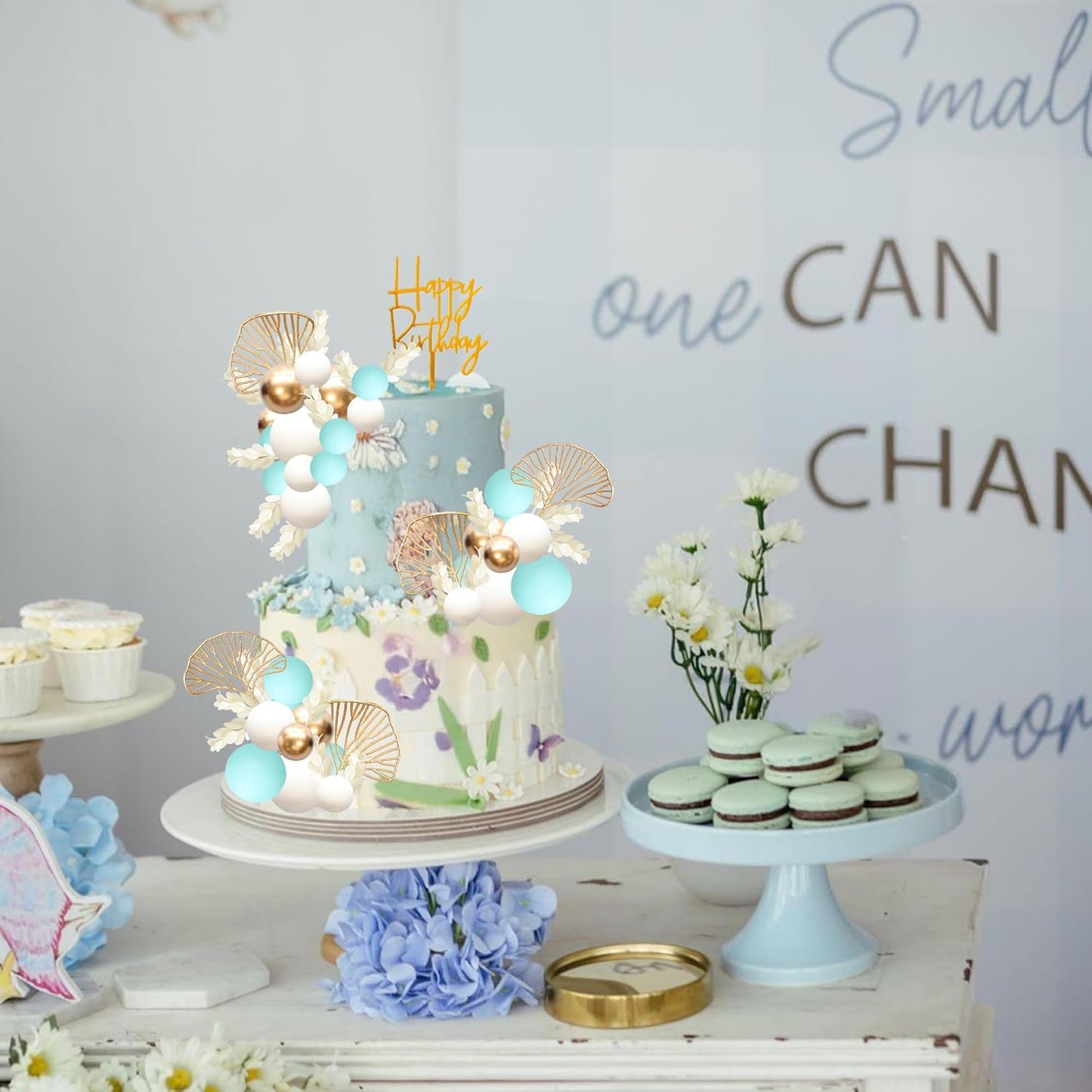 Gyufise 57Pcs Balls Cake Topper Boho Grass Cake topper Pearl Balls Acrylic Happy Birthday Cake Decorations for Wedding Baby Shower Birthday Boho Themed Party Supplies Light Blue