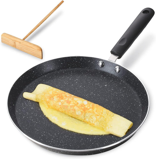 Buecmue 10.5 Inch Nonstick Crepe Pan with Spreader, Granite Coating Skillet Pan for Roti Egg Omelet Tortilla Tawa Dosa, Flat Frying Pan, Induction Compatible PFOA & PTFEs Free