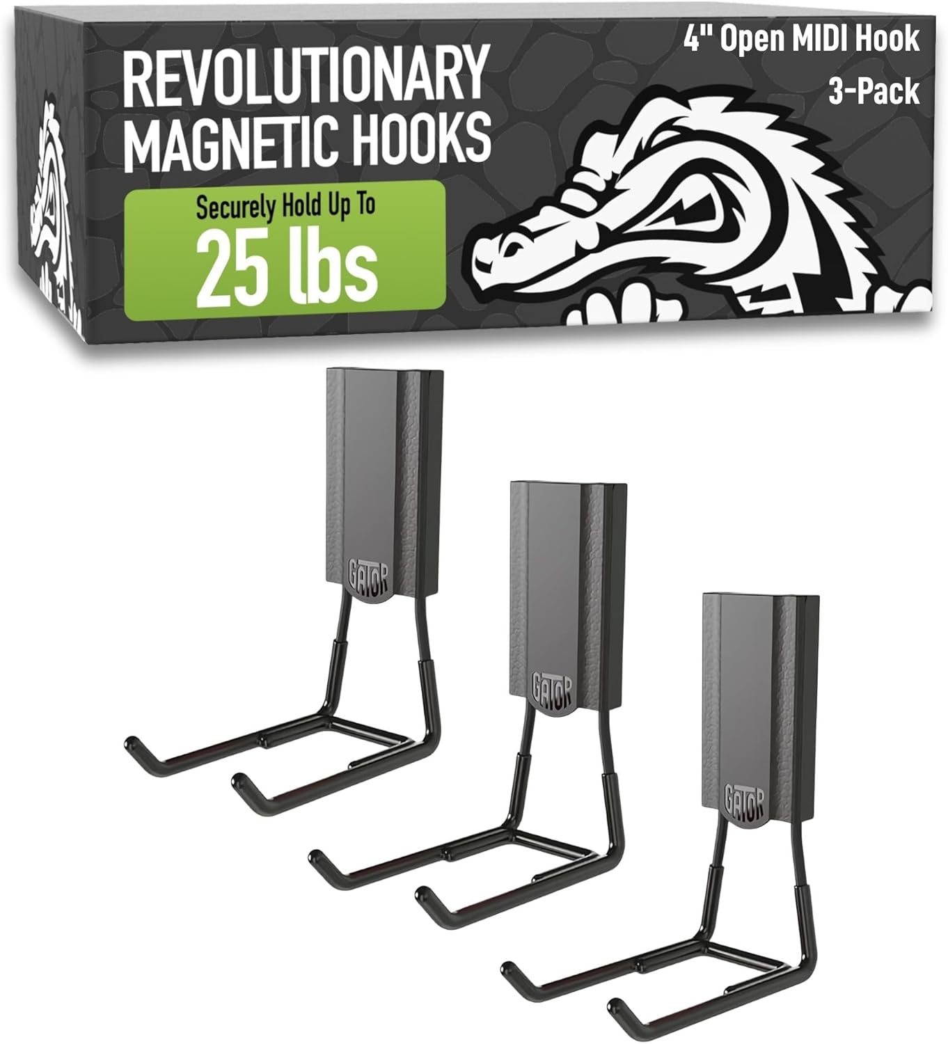 GATOR MAGNETICS MIDI 4 in Open Hooks, 25 lb Heavy Duty Magnetic Hooks for Steel Surfaces, Patented Easy-Release, Non-Slip Grip – Storage & Organization, Garage, Shed, Home, Cleaning Tools - 3 Pack