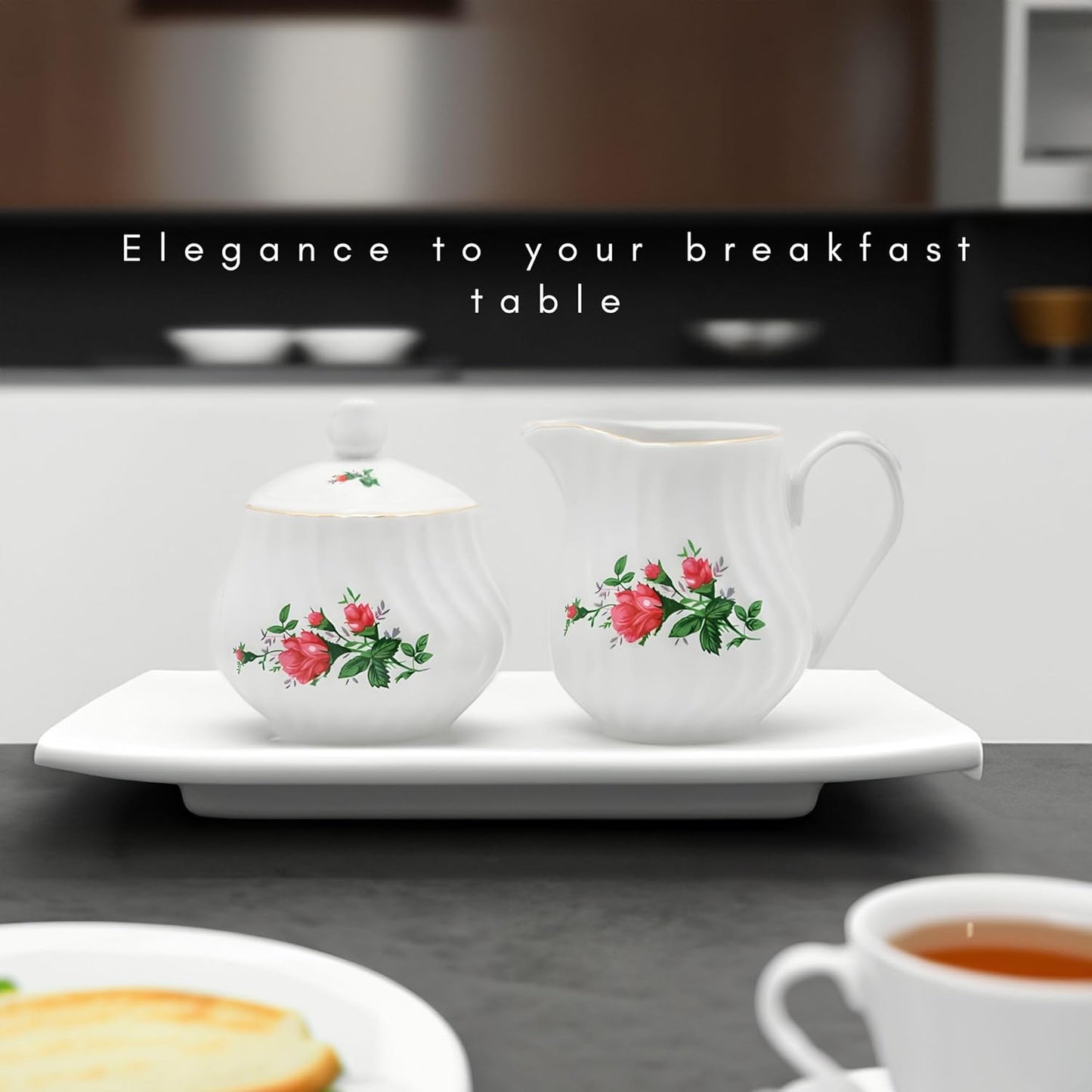 Sugar and Creamer Set - Porcelain Sugar and Creamer Floral Vintage Tea Set with Gold Trims & Embossed Swirls - Exquisite Fine China Tea Set for Parties & Celebrations - Vintage Rose Set by Lynns