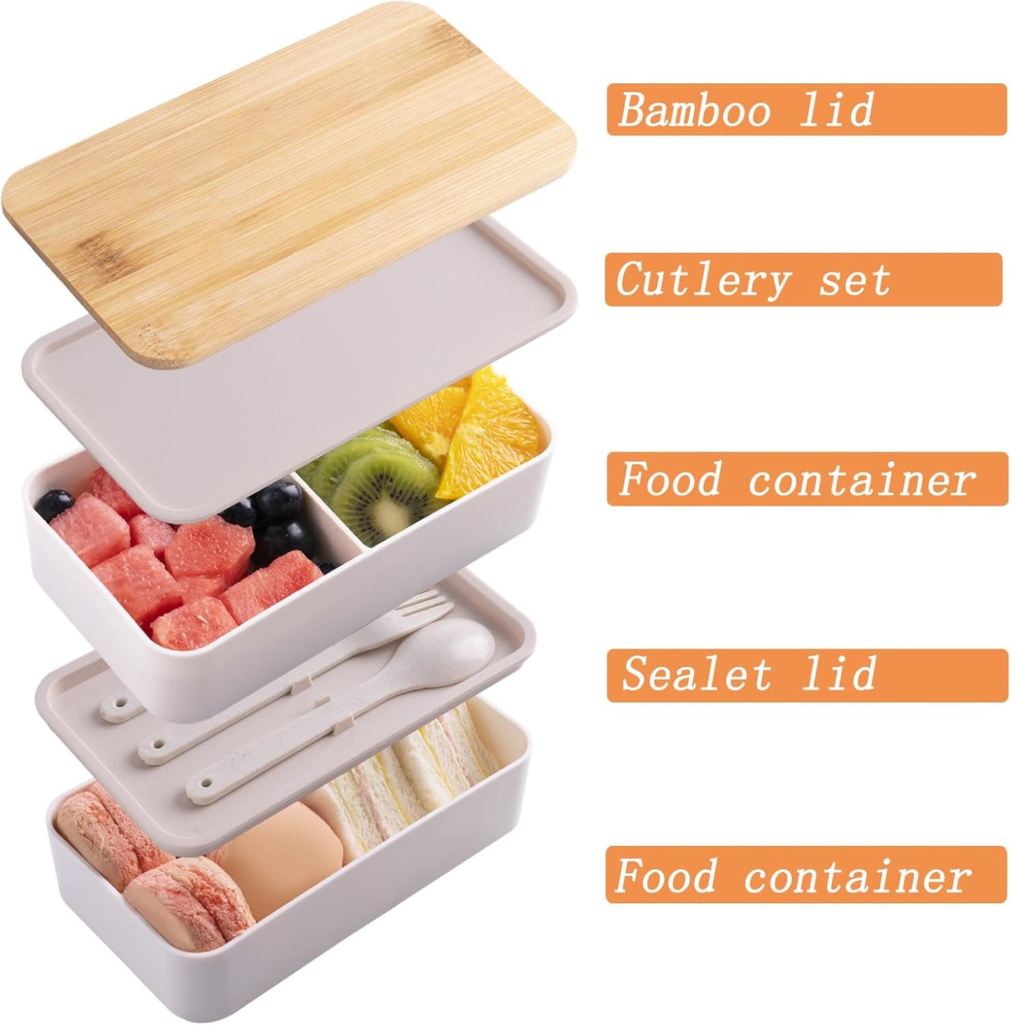 Japanese Bamboo Bento Box with Compartments and Utensils Stackable Lunch Box Includes Lunch Bag for Meal Prep Beige
