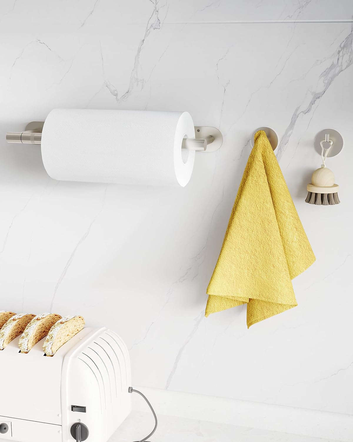 Paper Towel Holder Under Cabinet, Self Adhesive or Wall Mounted SUS304 Stainless Steel Paper Towel Holder for Kitchen, Bathroom(2 Towel Hooks, Silver)