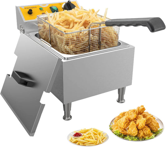 Large Deep Fryer with Basket and Lid 10L(10.6Qt), 304SS Electric Deep Fryer for Home and Commercial, Countertop Deep Fryers, 1750W Fast Heating, 120V