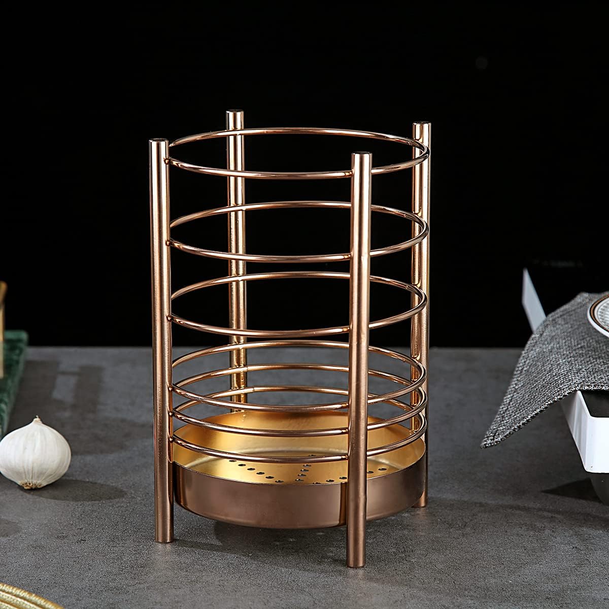 Copper Kitchen Utensil Holder for Kitchen Counter, Stainless Steel Utensil Crocks, Titanium Coating Utensil Storage Caddy Organizer, Cooking Utensil Holder, Easy Cleaning (Rose Gold/7.4''x5.2'')