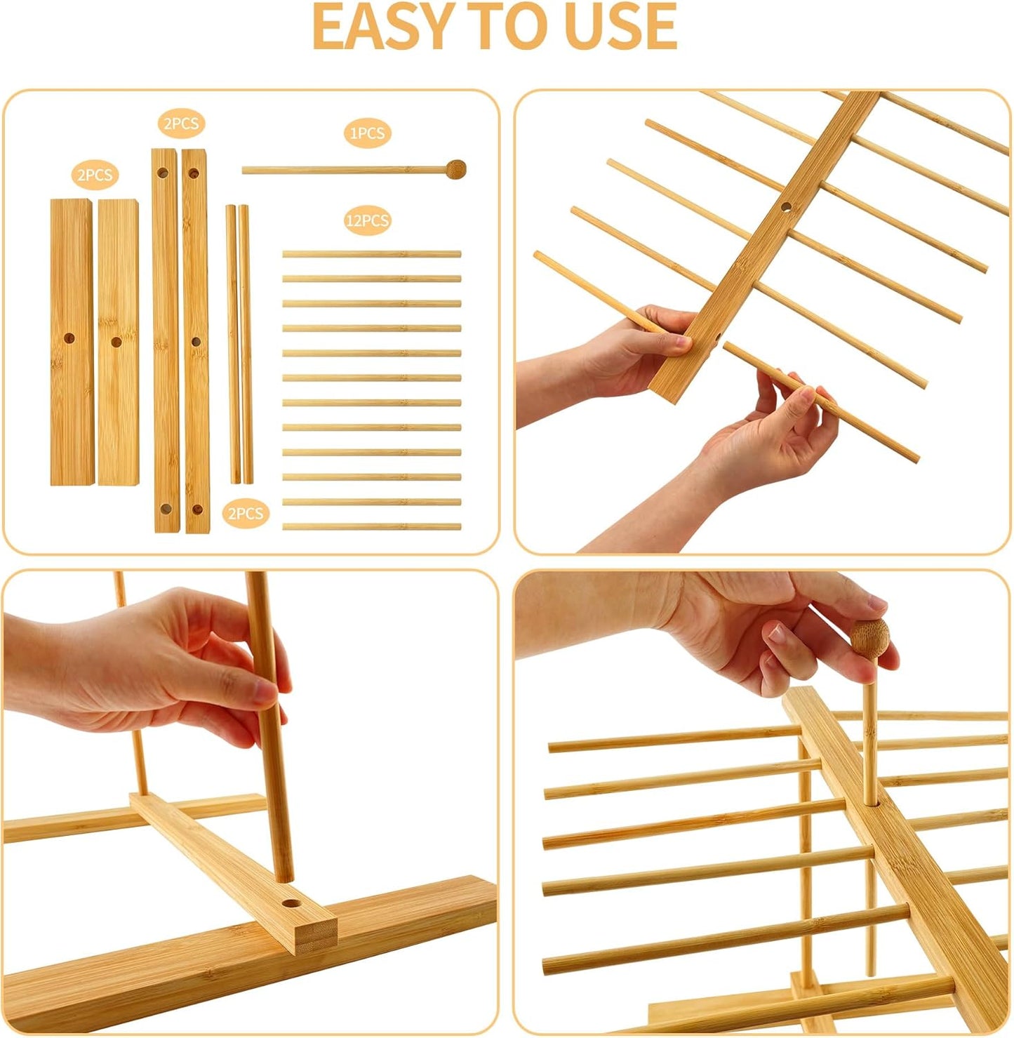 Bamboo-Pasta-Drying-Rack with Transfer Wand & 12 Arms, Large Collapsible Fresh Pasta Dryer Holder for Homemade Noodle, Spaghetti, Tagliatelle, Detachable Fettuccine Hanger Stand with 12 Bars