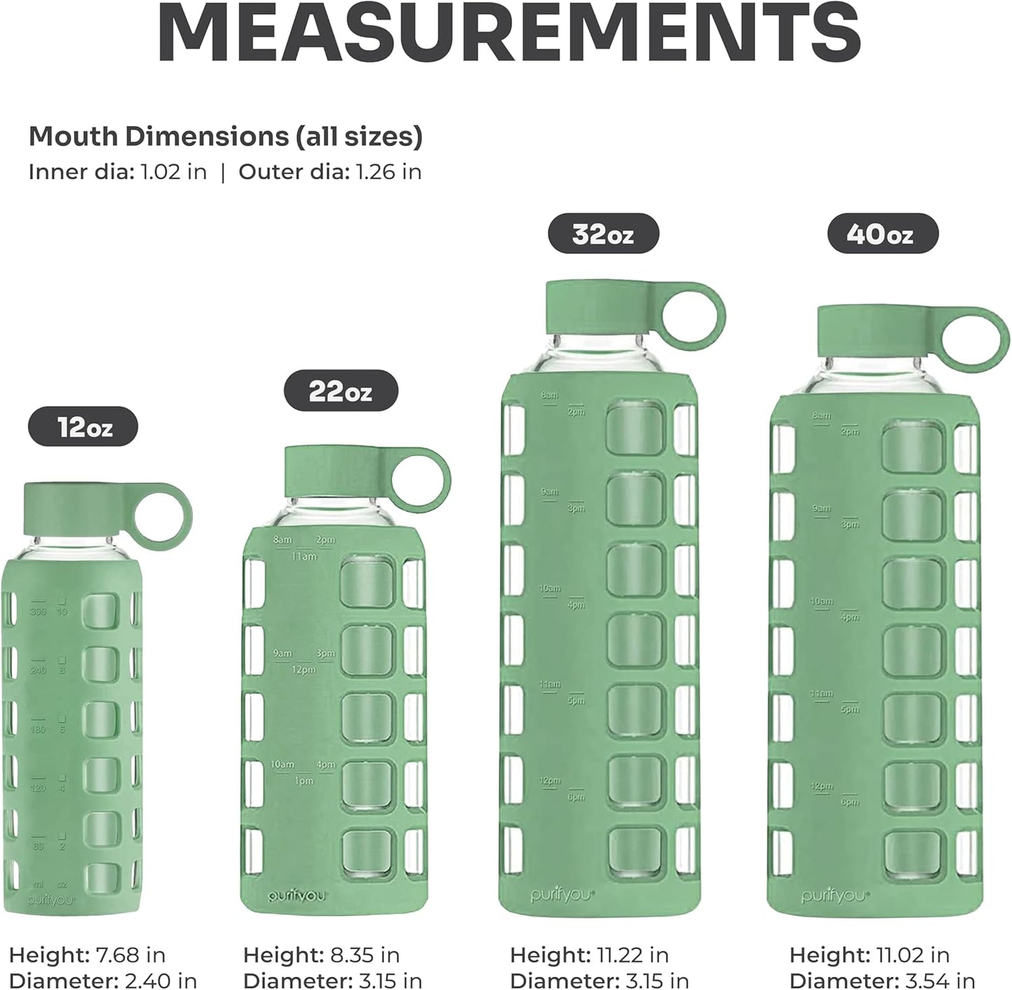 purifyou 40oz / 32oz / 22oz / 12oz Borosilicate Glass Water Bottle with Time & Volume Markers, Silicone Sleeve, Stainless Steel Lid – Reusable Glass Bottle for Water & Juice (32oz Shale Green)