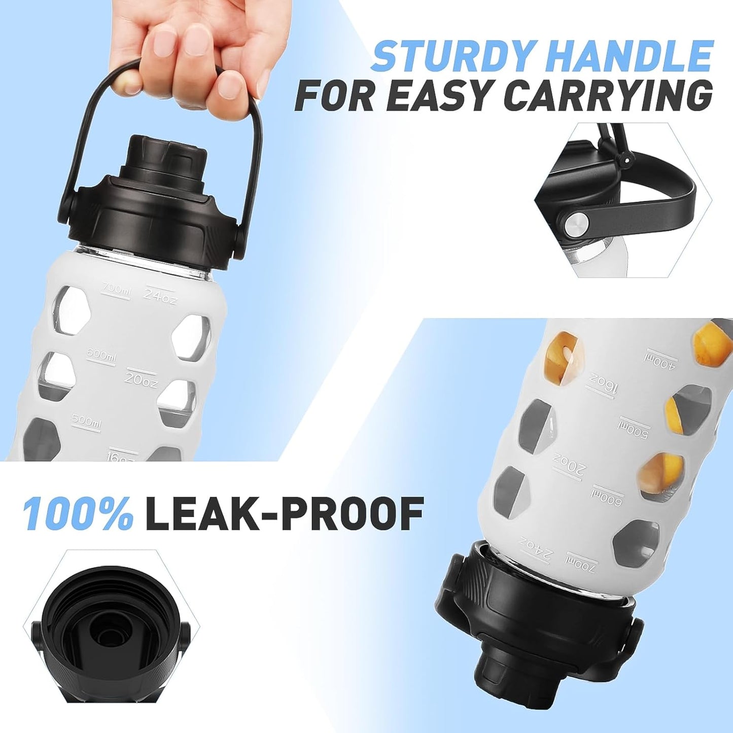 MUKOKO Glass Water Bottles, 24oz Glass Tumbler with Straw, Drinking Bottles with 2 Lids-Handle Spout Lid&Bamboo Straw Lid, Motivational Water Bottle with Time Marker and Silicone Sleeve, 1 Pack-White