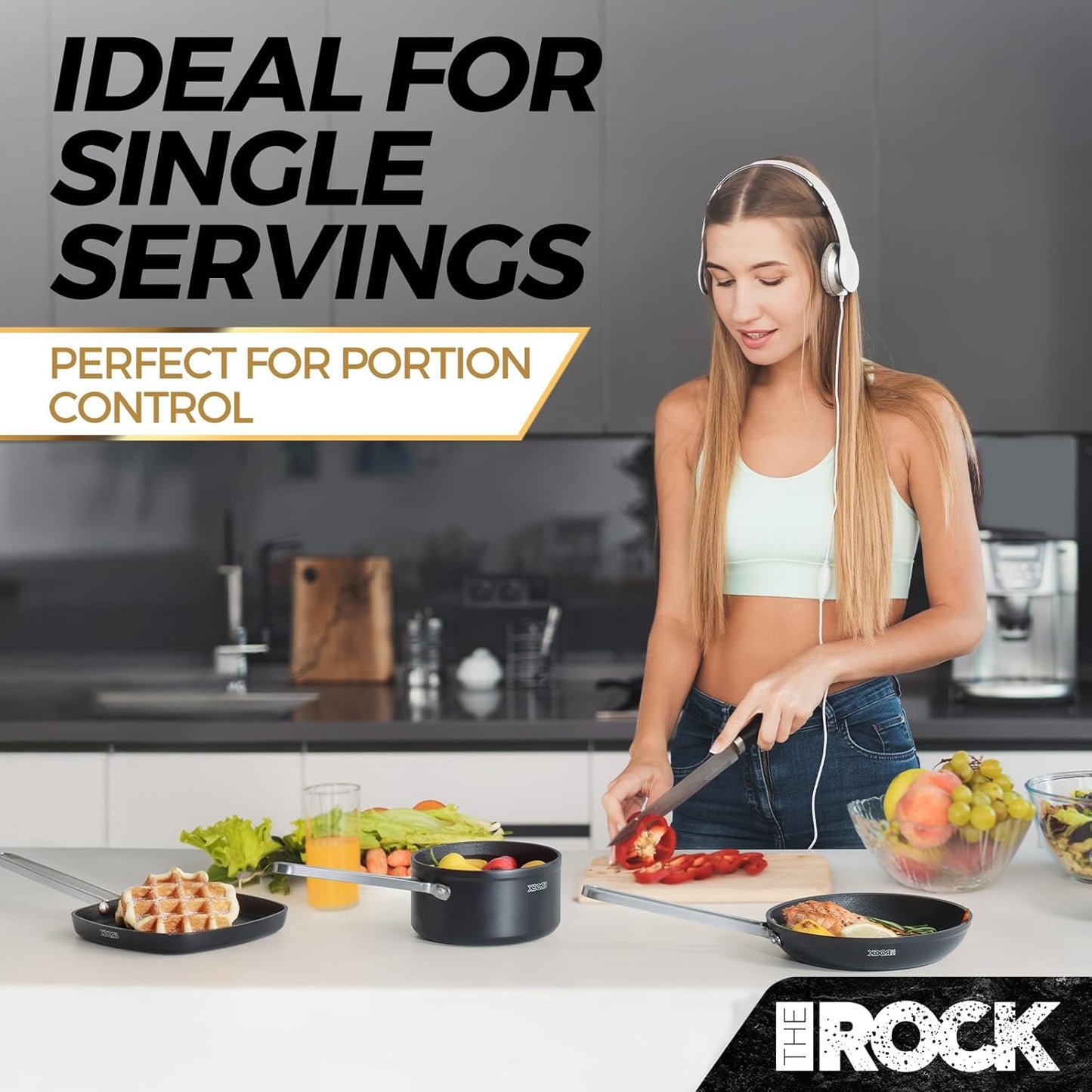 THE ROCK Single Serve Nonstick Pots and Pans Set, 4pc Portion Control Cookware Set with Rock.Tec, Scratch/Stain/Crack Proof, Oven & Dishwasher Safe, Perfect for Dorm, Camping & Small Kitchens, Black