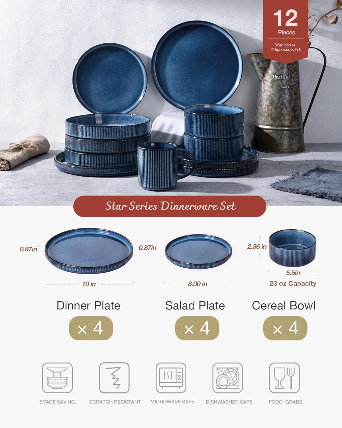 Famiware Star Dinnerware Sets, Plates and Bowls Set for 4, 12 Pieces Ribbed Dishes - Chip and Scratch Resistant, Microwave and Dishwasher Safe Tableware, Nebulas Blue