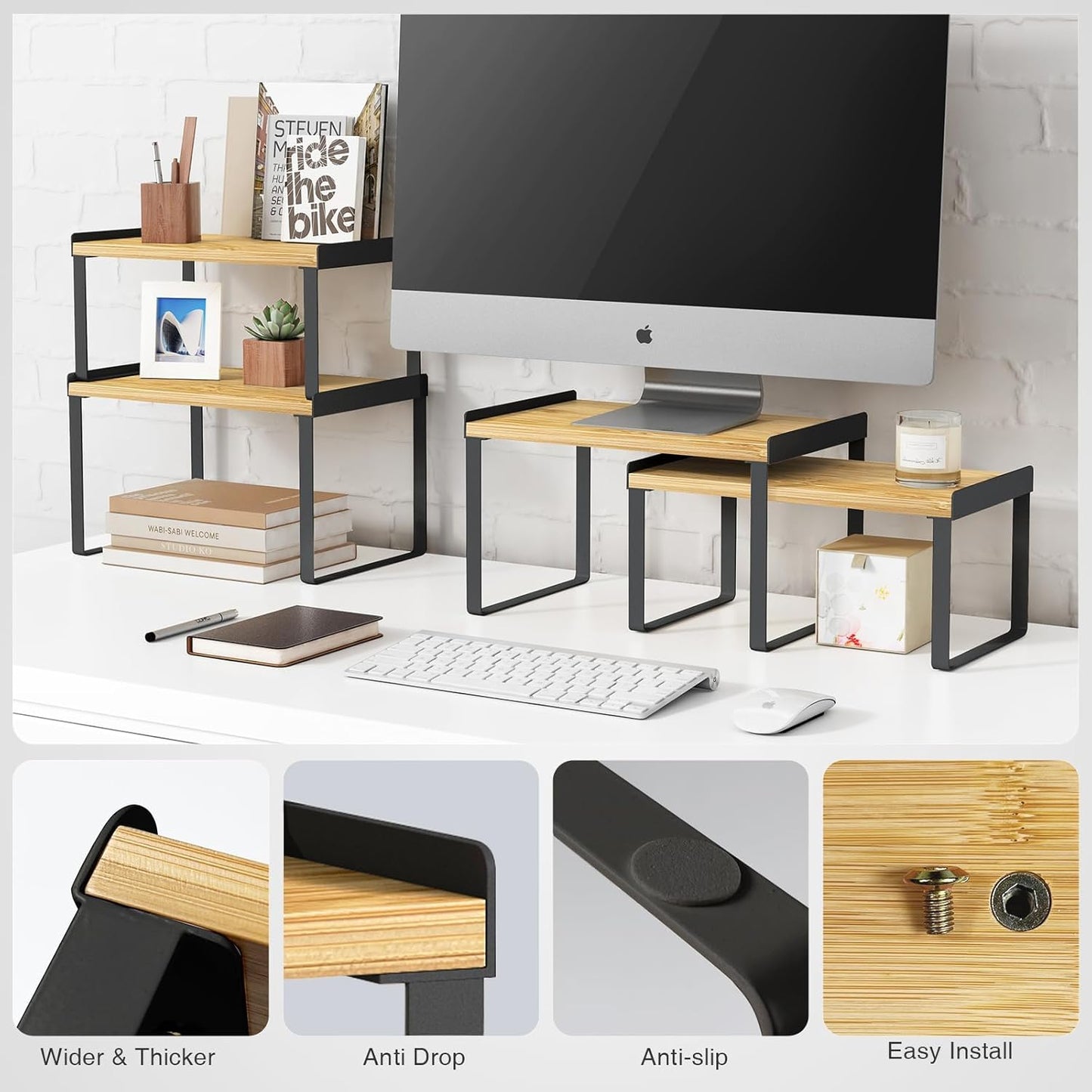 Kitchen Cabinet Organizer Shelves Set of 4, Expandable Counter Shelf Rack for Plate Dish Cup Mug Spice, Stackable Shelf Riser for Pantry Cupboard Desk Top Corner Storage (Bamboo, Black)