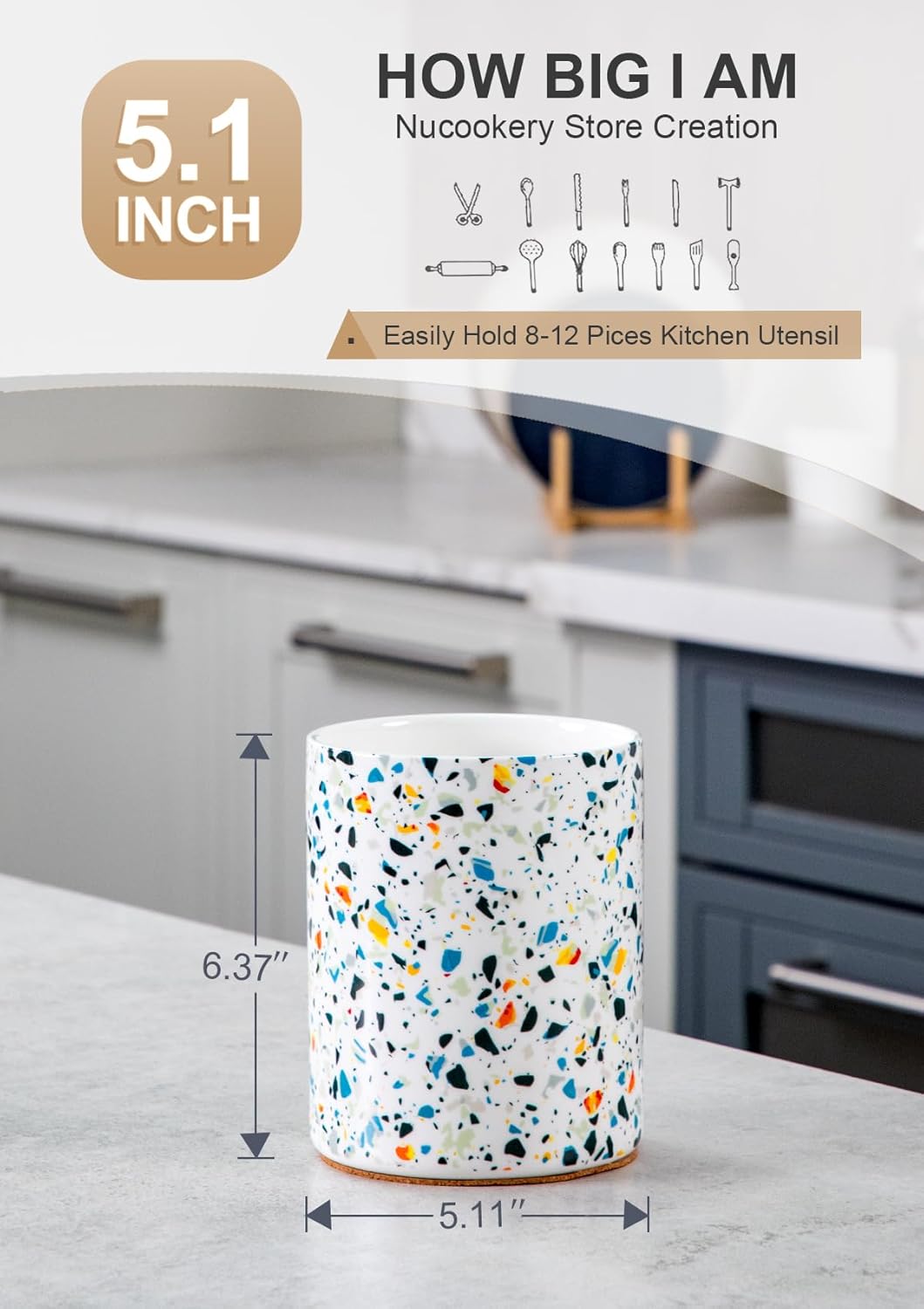 Nucookery Utensil Holder, 6.4" Ceramic Kitchen Utensil Holder for Countertop with Protection Cork Bottom, Vintage Farmhouse Kitchen Decor for Counter, Gift (Marble Pattern)